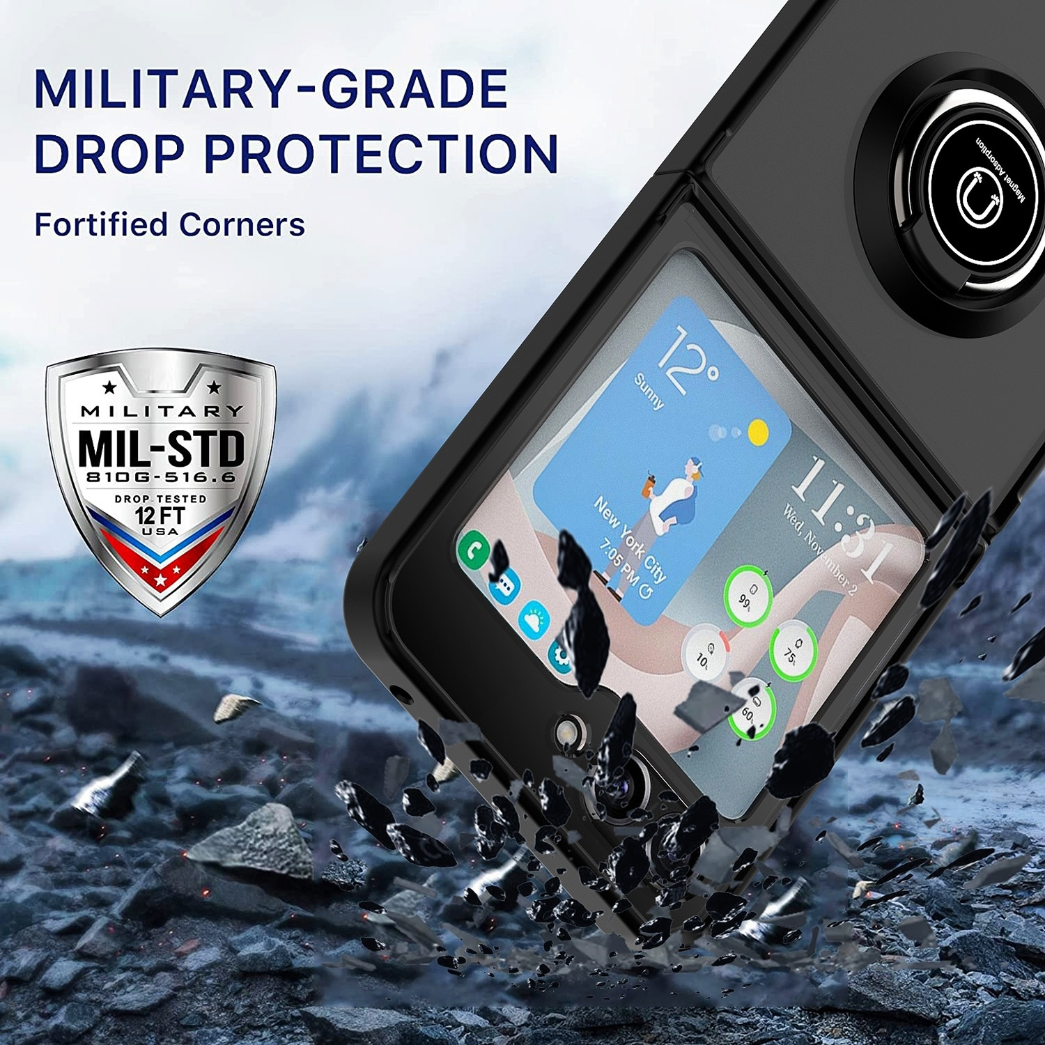 Eine schwarze Hülle mit einem Telefon darin, das eine Wetter-App zeigt. Text sagt 'Military-Grade Drop Protection'.