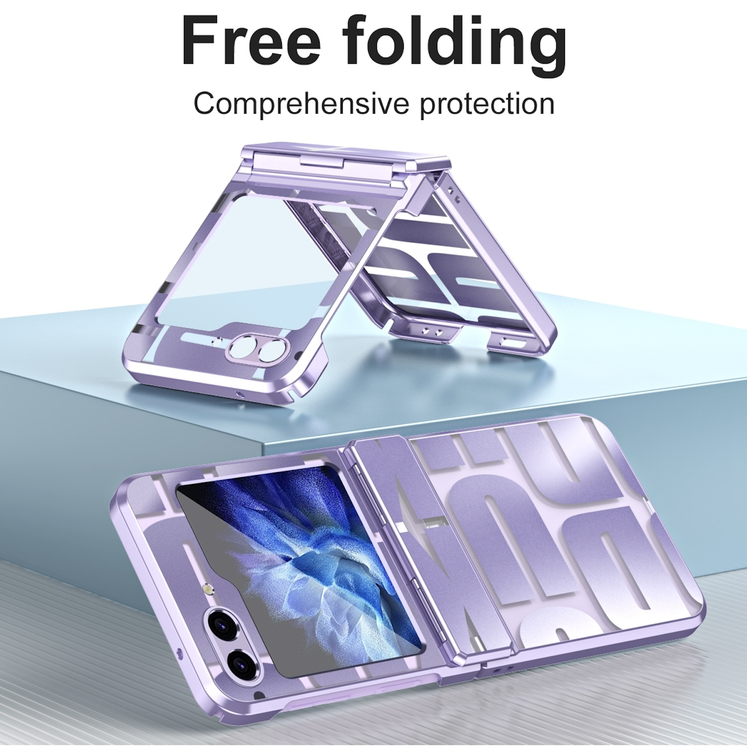 Klappbare Handyhülle in Lila, mit Displayschutz und dem Text 'Free folding'.