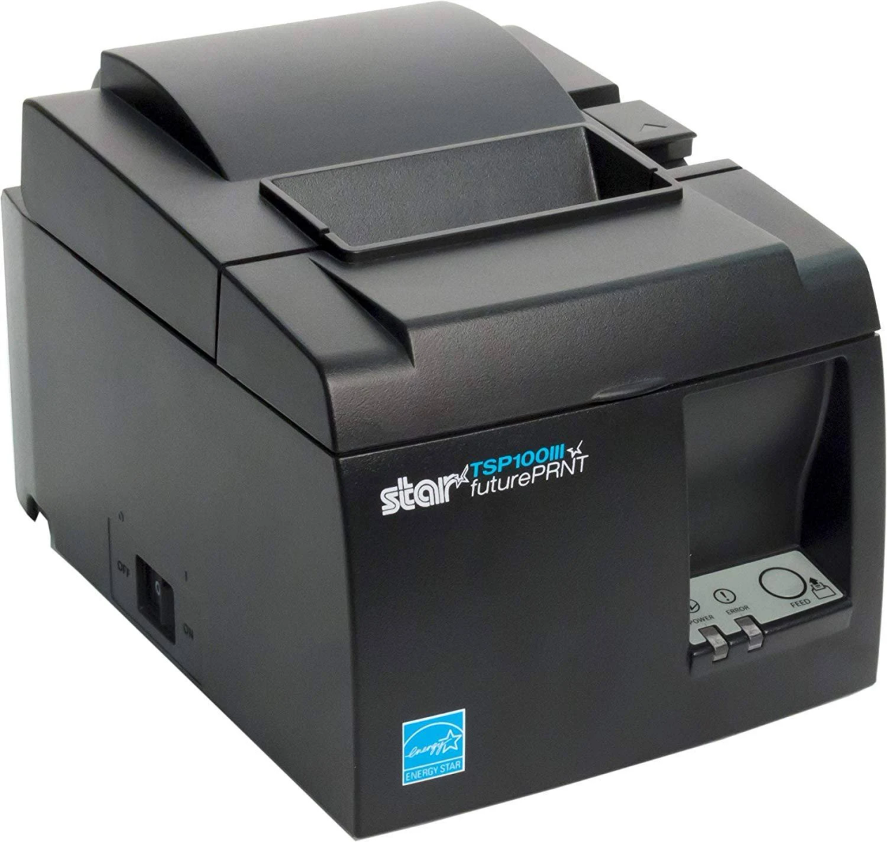 Una impresora térmica negra con botones, un interruptor de encendido/apagado y un logotipo azul de Energy Star.