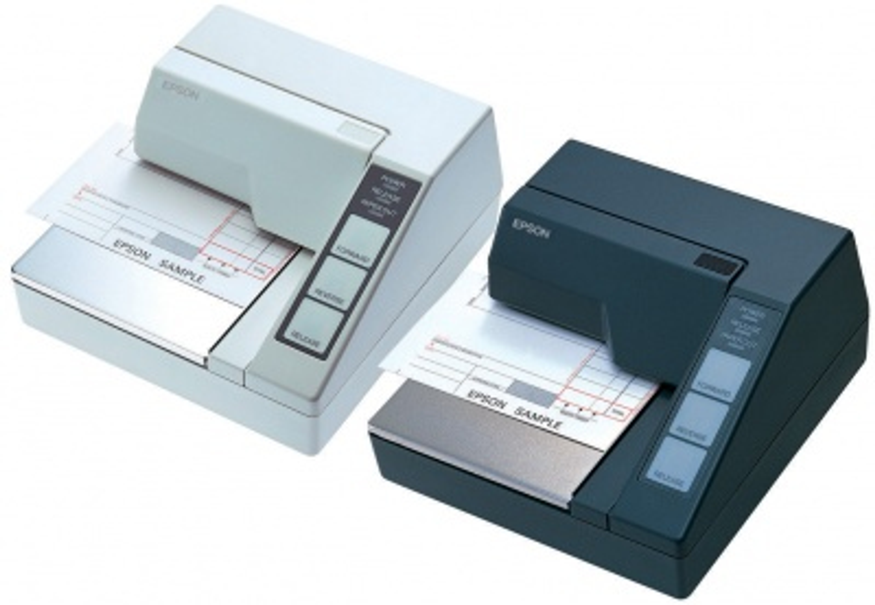 Dos impresoras Epson, una blanca y otra gris oscuro, imprimiendo en documentos de muestra.