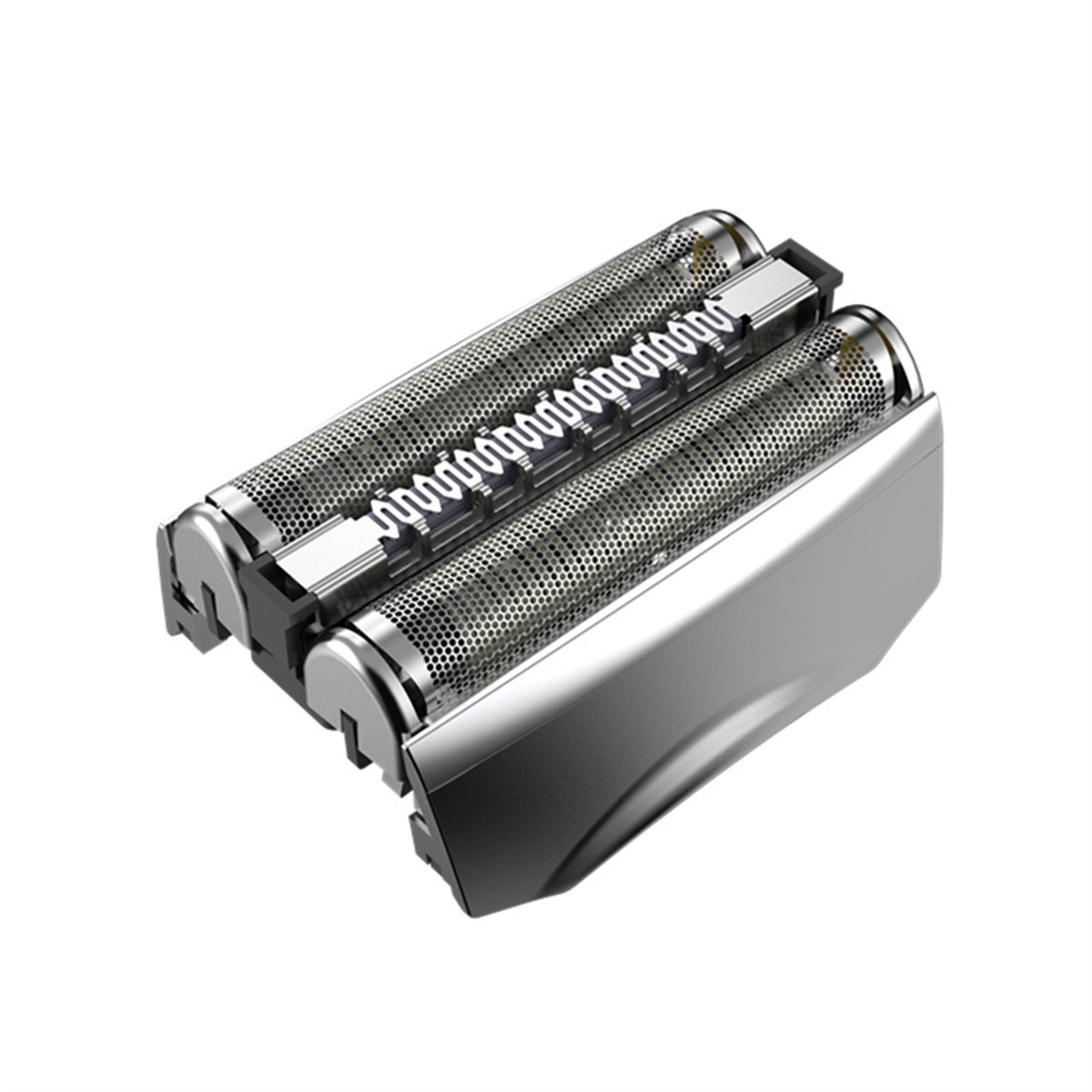 Nahaufnahme von elektrischen Rasierer-Köpfen, silber, mit perforiertem Metallgitter.