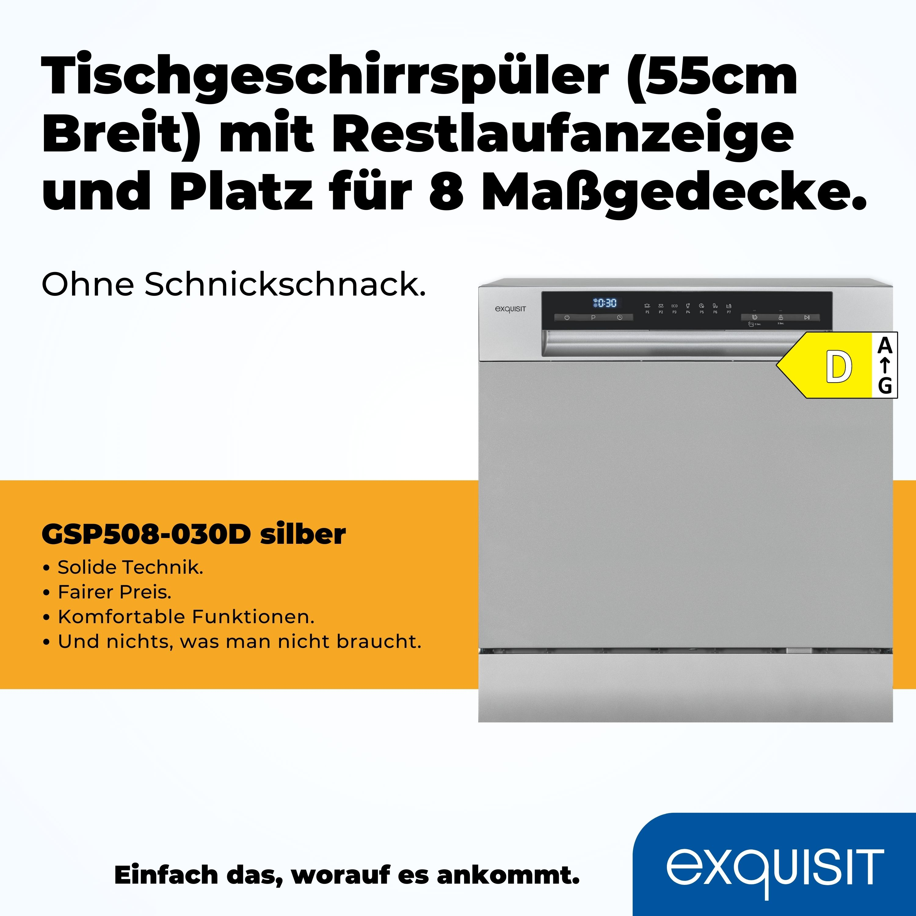 Ein silberner Geschirrspüler mit Text und Energielabel, eine Nahaufnahme des Bedienfelds mit Timer.