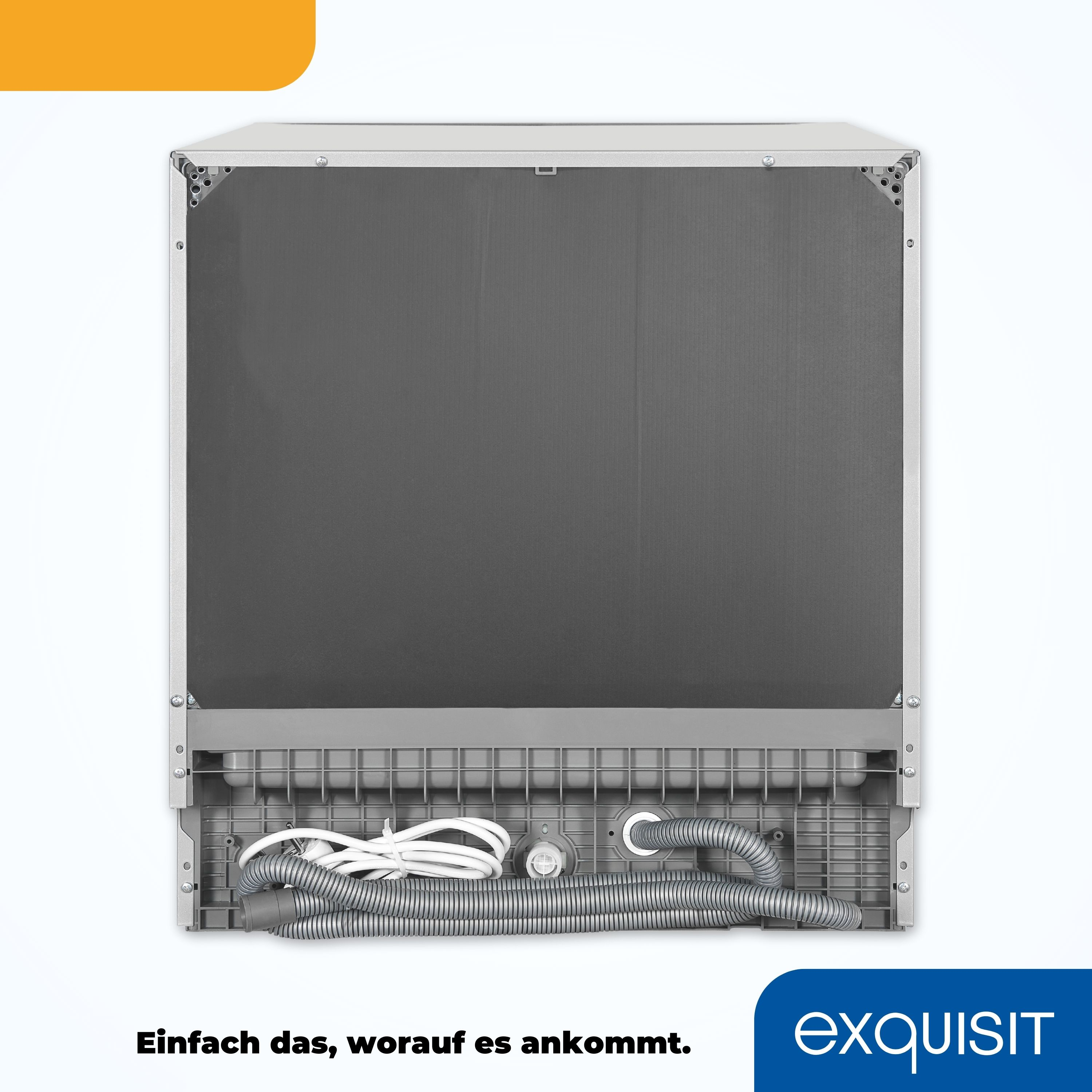 Rückseite eines weißen Geschirrspülers. Grauer Innenraum. Weiße Schläuche und Kabel. Exquisit-Marke.