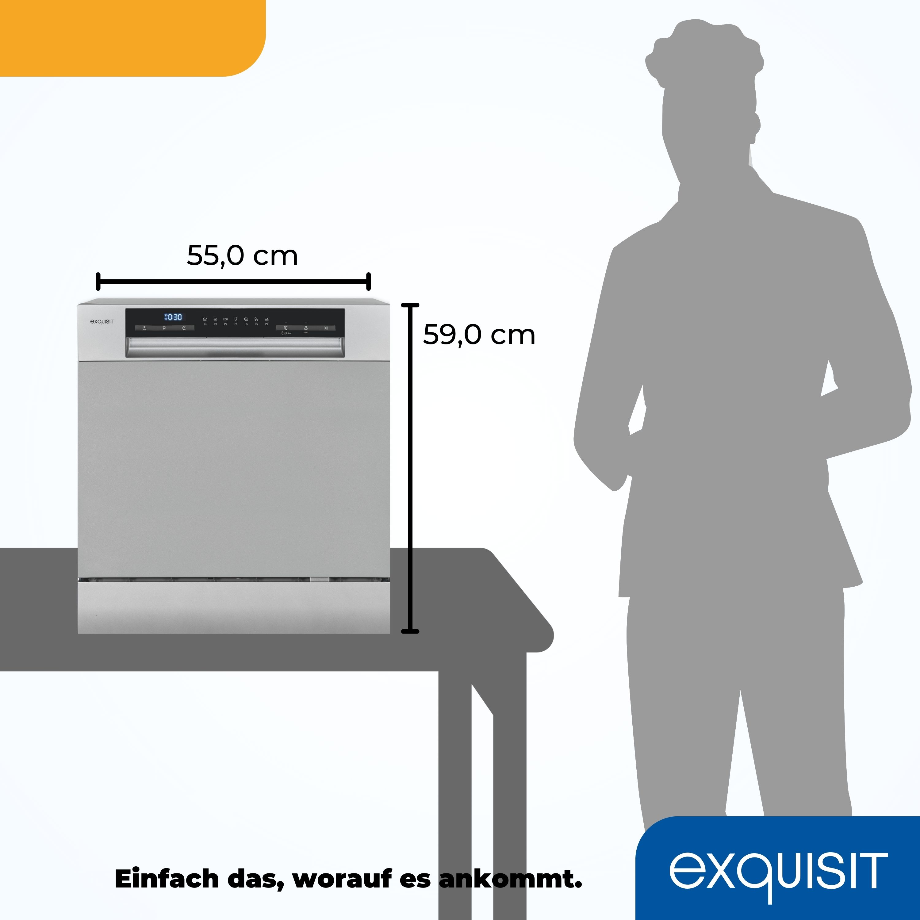 Geschirrspüler und eine Silhouette einer Person, weißer Hintergrund.