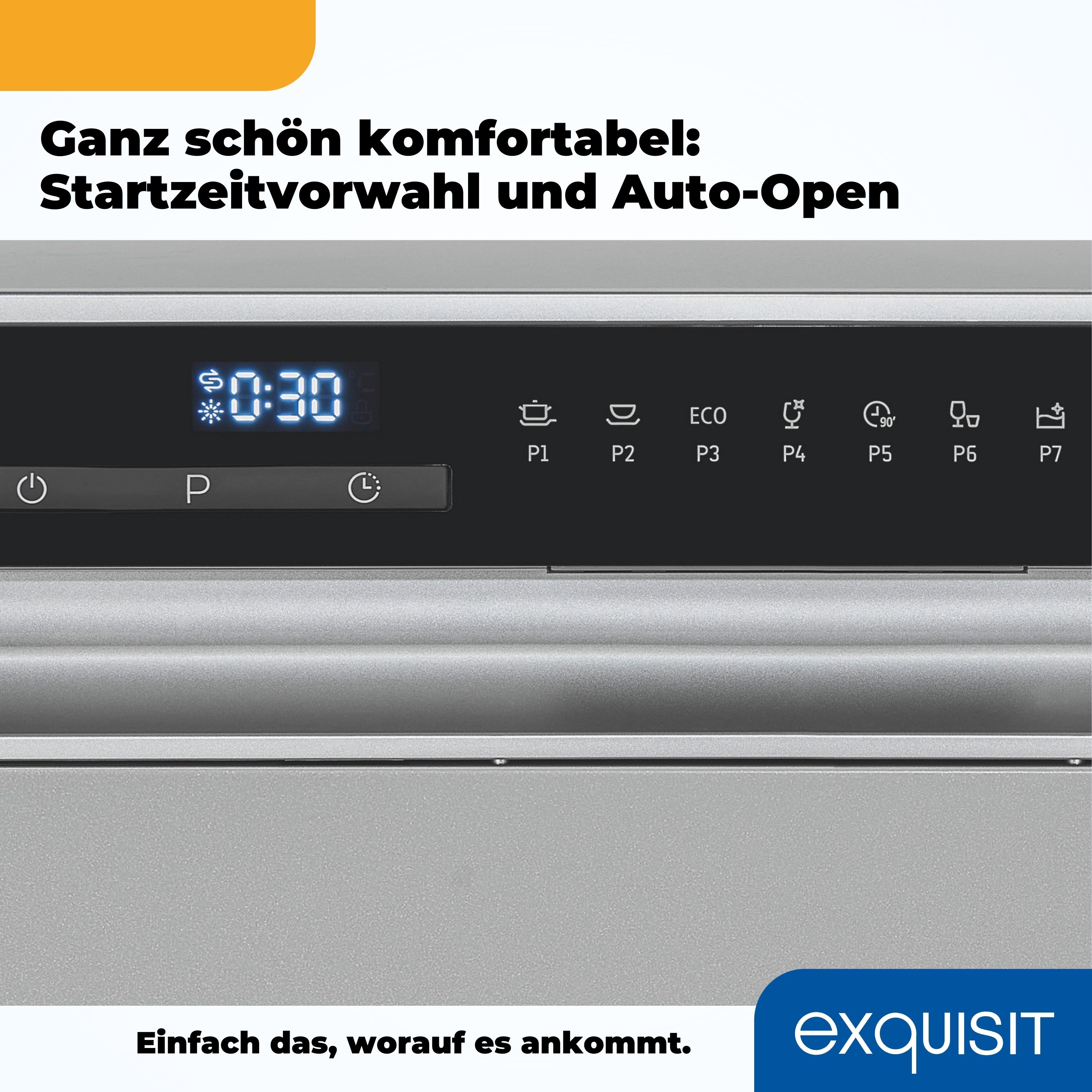 Nahaufnahme eines Geschirrspüler-Bedienfelds. Das Display zeigt eine Uhrzeit an. Der Hintergrund ist ein silbernes Gerät.