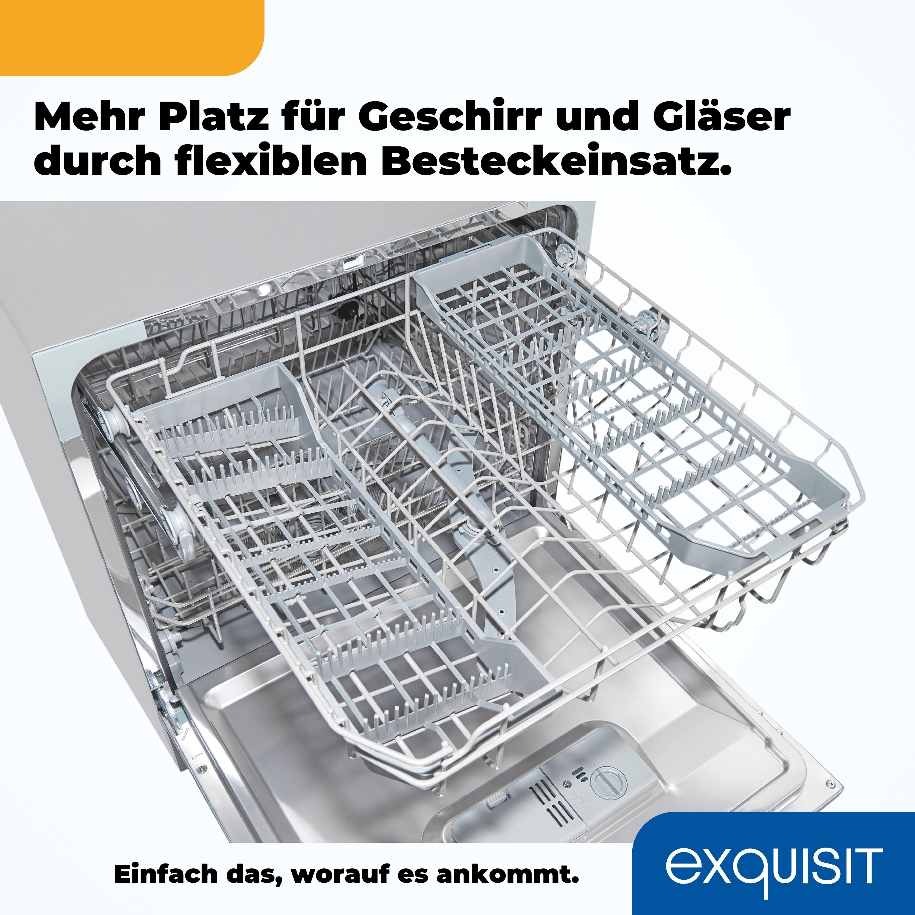 Geschirrspüler-Innenraum, zeigt Regale und Text auf Deutsch.