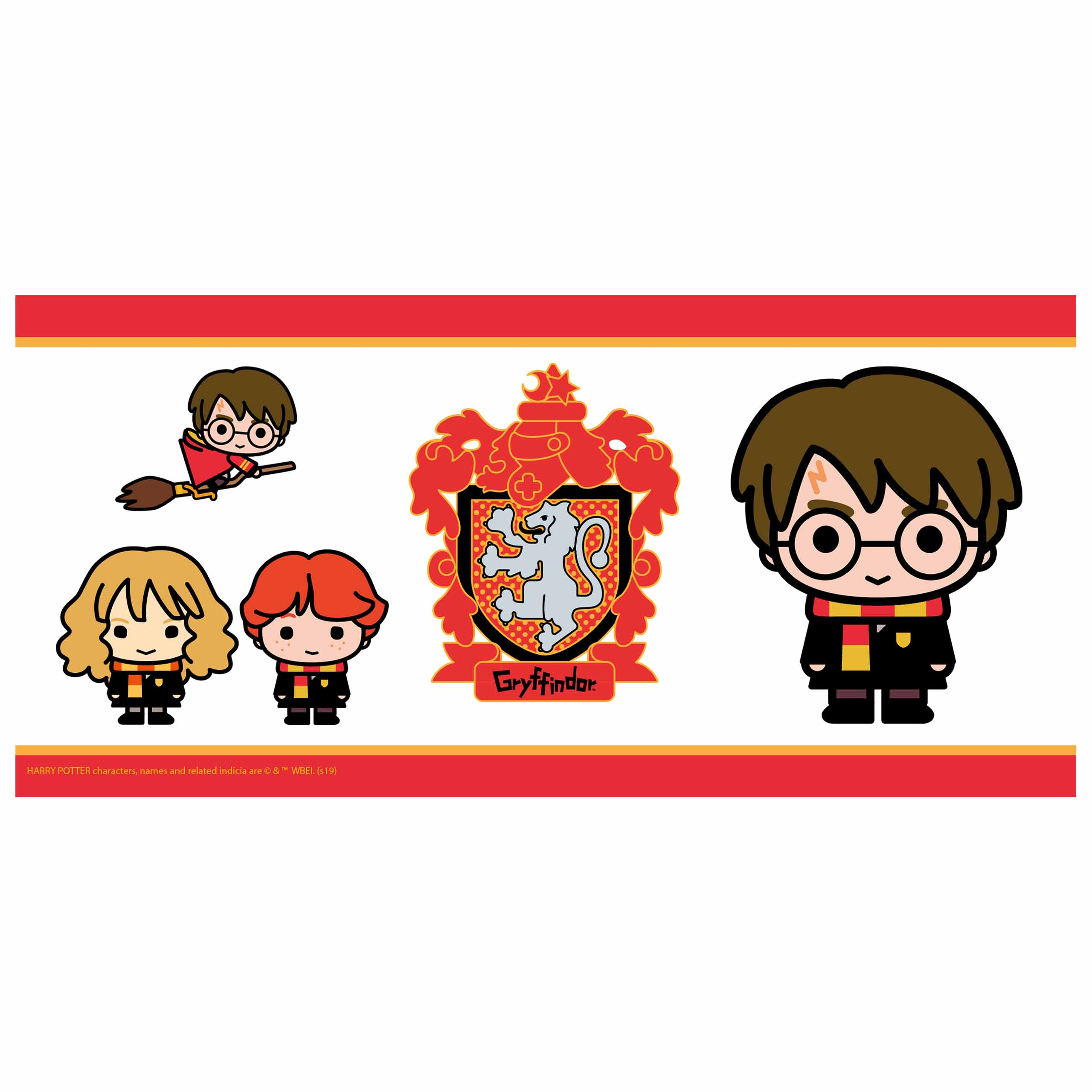 Harry Potter-Charaktere: Harry auf einem Besen, Hermine, Ron und Gryffindor-Wappen.