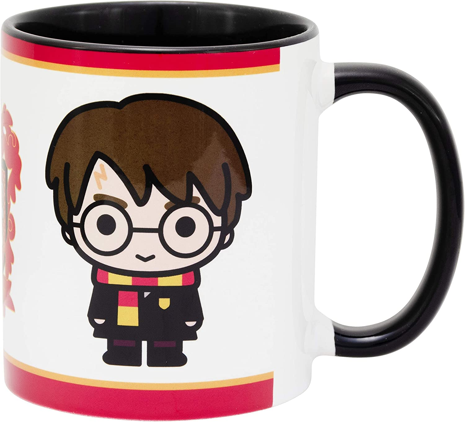 Weißer Becher mit einer Cartoon-Harry Potter mit Brille und Schal.