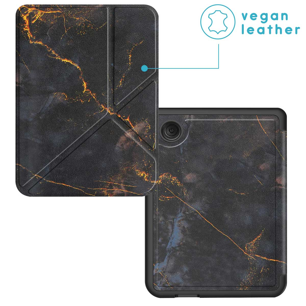 Tablet met een marmerpatroon hoes. De hoes is opgevouwen en heeft een 'vegan leder' label.