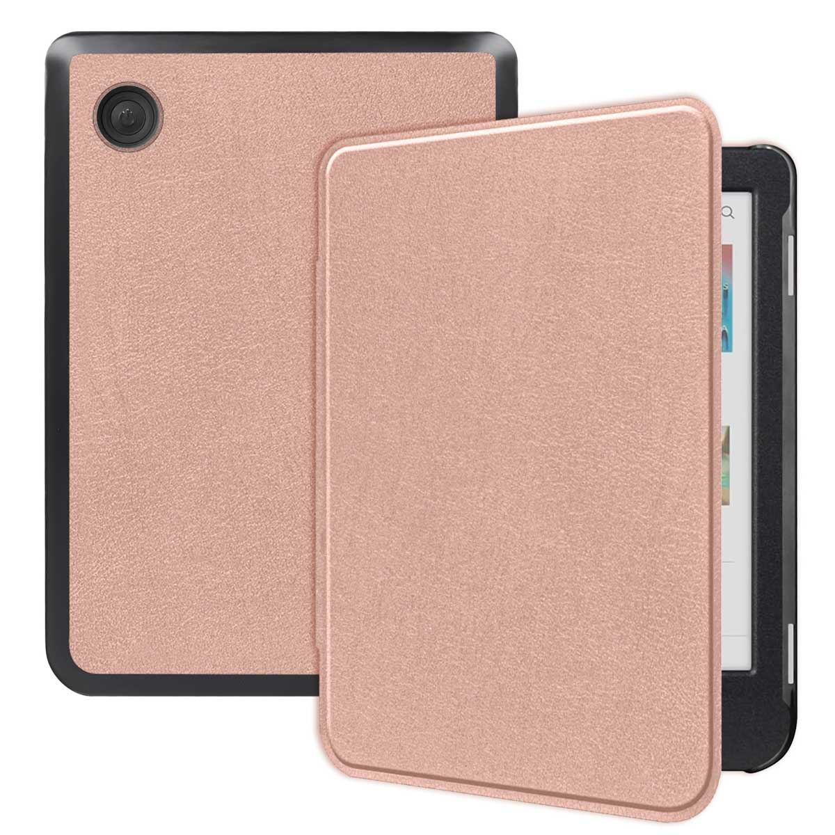 Étui de tablette rose ouvert. La tablette est dans l'étui, montrant le dos.