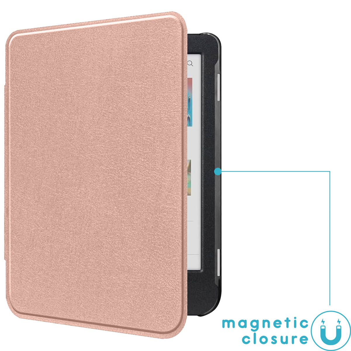 Étui de tablette de couleur or rose, avec fermeture magnétique indiquée par une icône d'aimant.