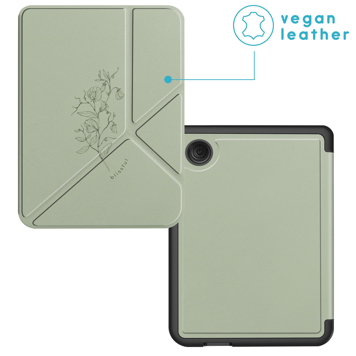 Groene tablethoes met bloemdesign en cameraholte. Vegan leer.