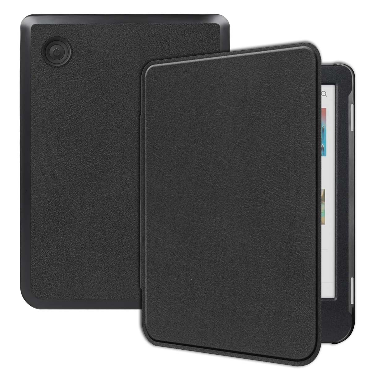 Tablette et étui. La tablette est dans l'étui, avec une caméra. L'étui est noir et fermé.