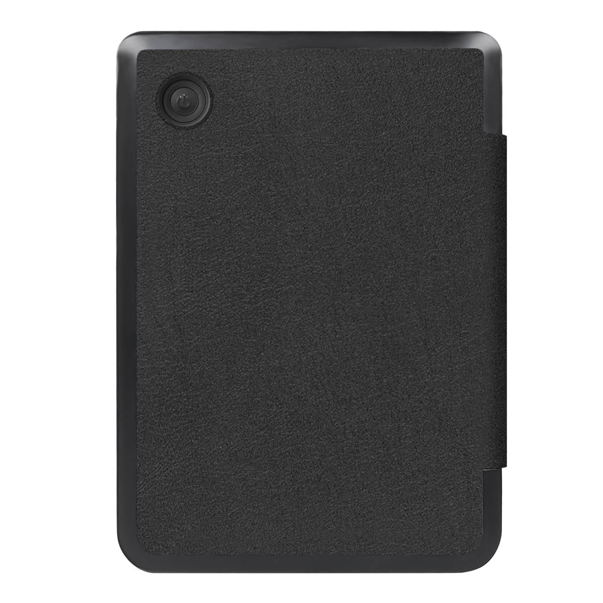 Étui de tablette noir avec trou pour appareil photo et bouton d'alimentation en haut.