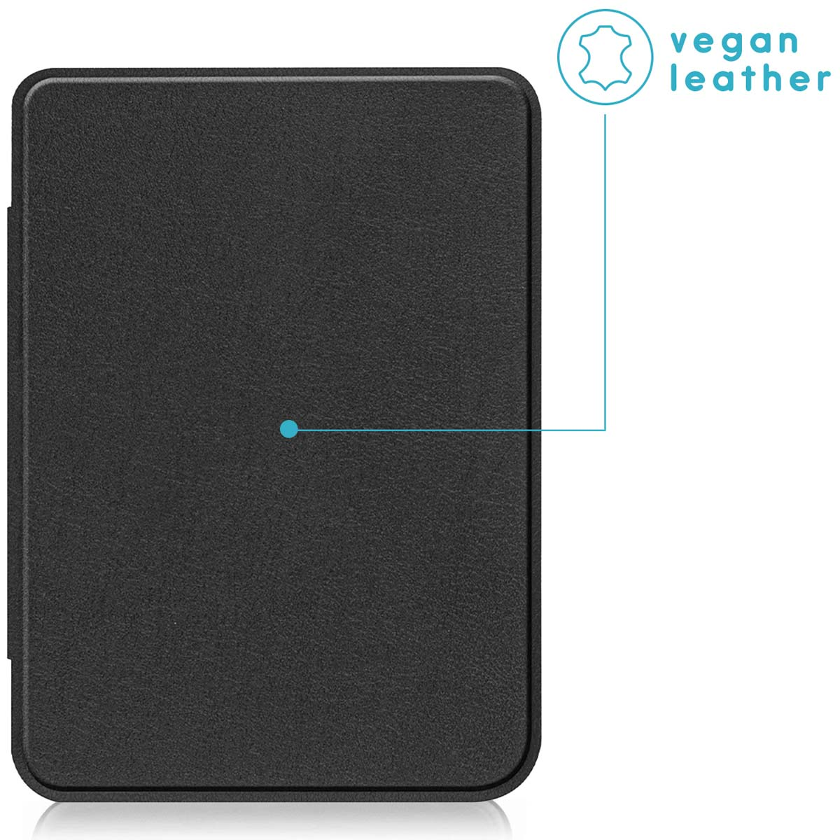 Étui de tablette noir avec texture cuir. L'étui est fermé. Étiquette 'cuir végétal'.