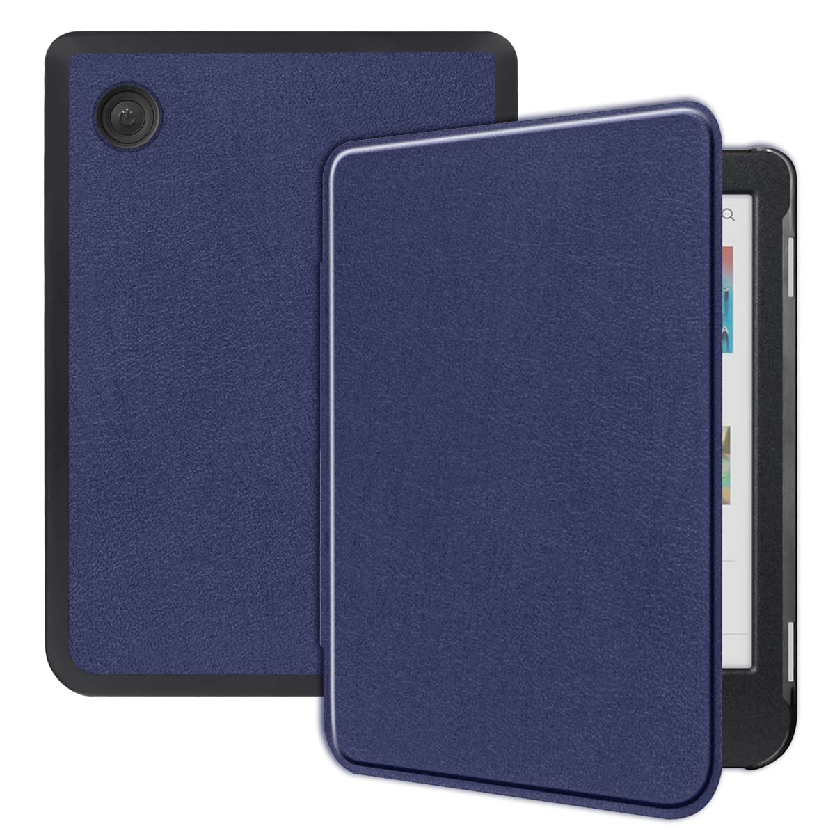 Un ensemble tablette et étui bleus. L'étui couvre l'écran et possède une caméra.
