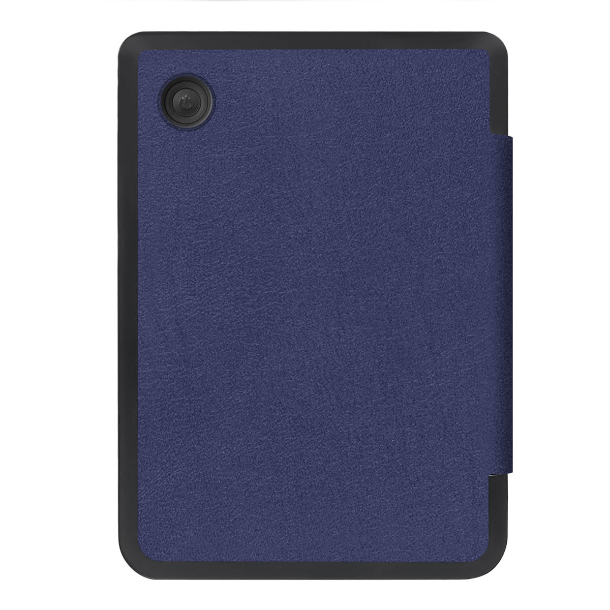 Une coque de tablette bleue avec un cadre noir. La coque est fermée. Le fond est blanc.