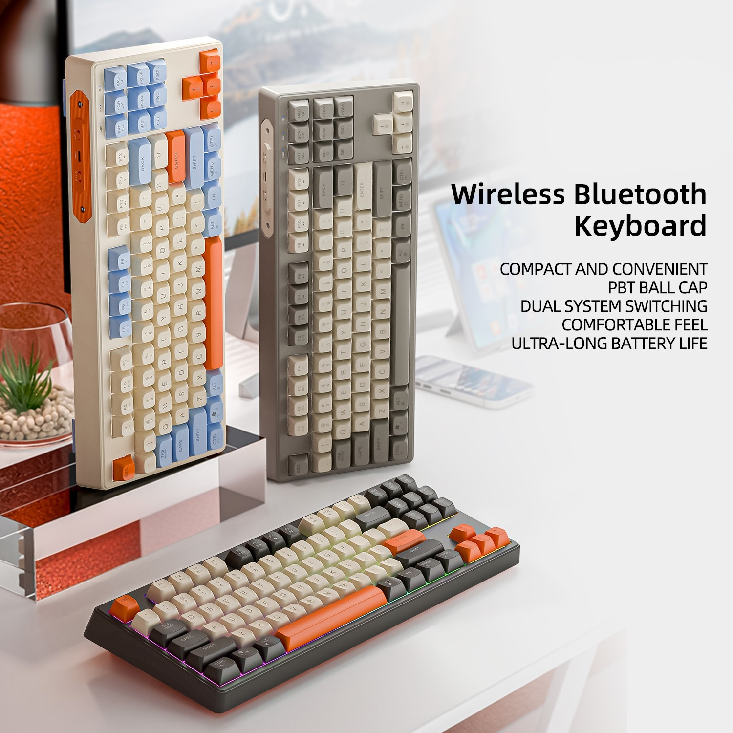 Drahtlose Tastatur mit farbigen Tasten. Text: 'Wireless Bluetooth Keyboard'.