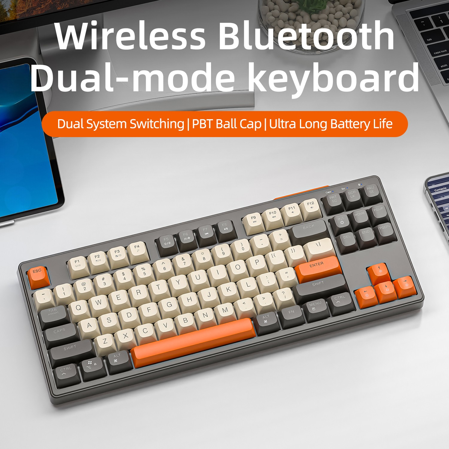 Kabellose Tastatur mit grauem und orangefarbenem Farbschema. Sie hat einen weißen Hintergrund mit dem Titel.