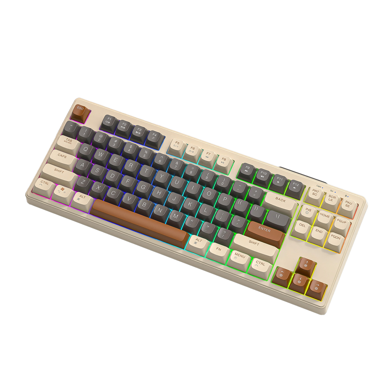 Beige und braune Tastatur. Mehrfarbige Tasten. Weißer Hintergrund.