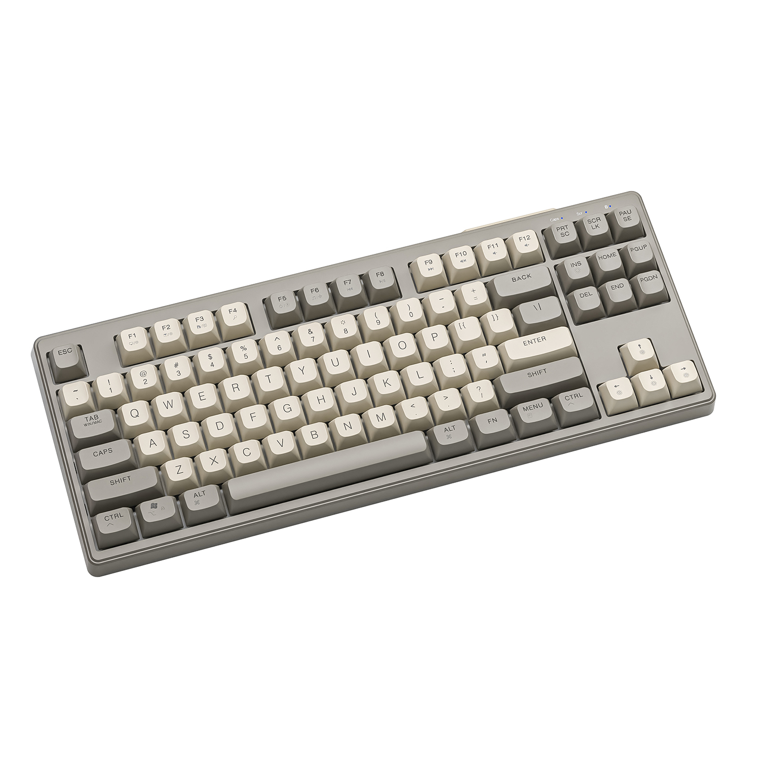 Eine graue Tastatur mit weißen und grauen Tasten. Die Tasten sind in einem Standard-QWERTZ-Layout angeordnet.