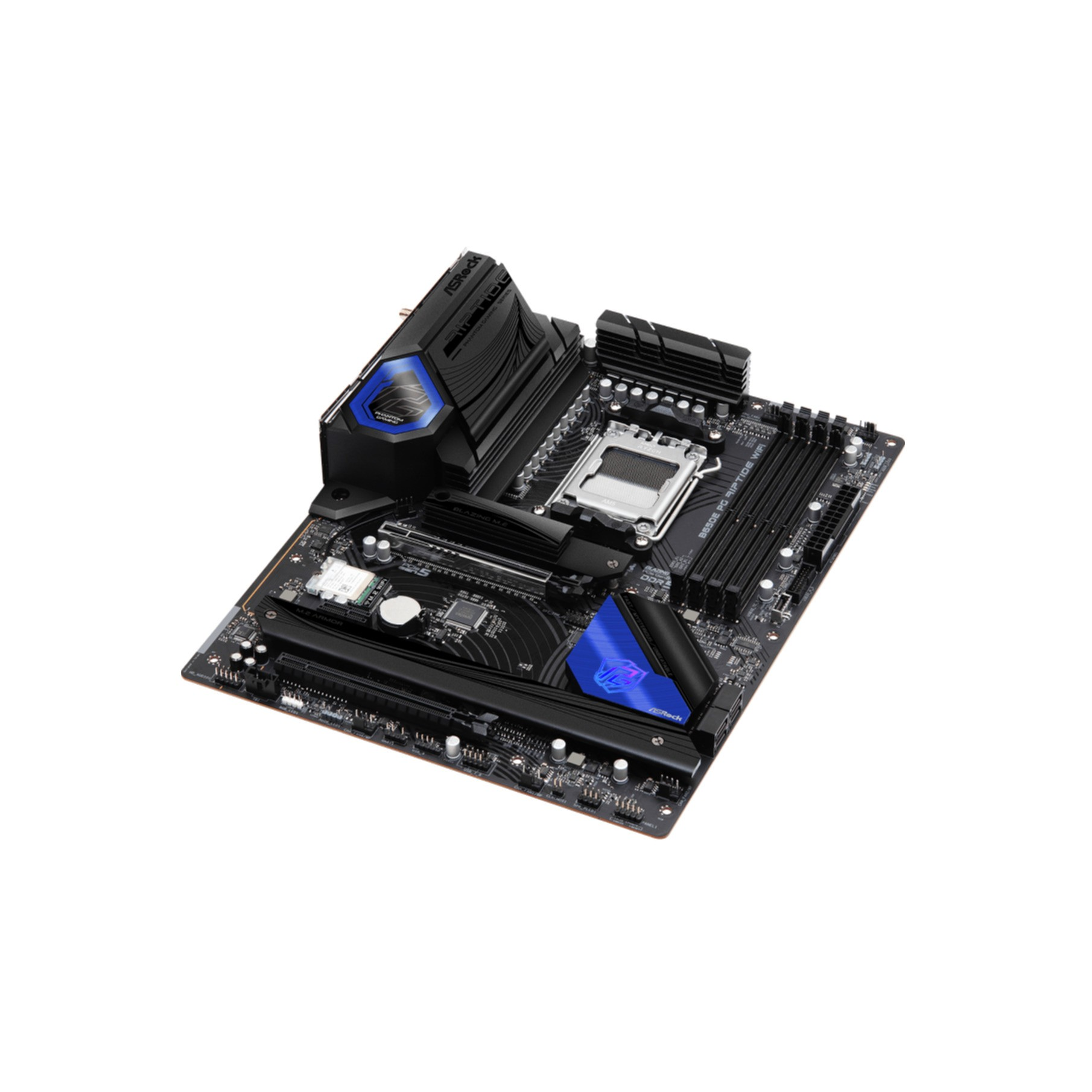 Placa base de ordenador con múltiples componentes visibles, incluyendo disipadores de calor con acentos azules.