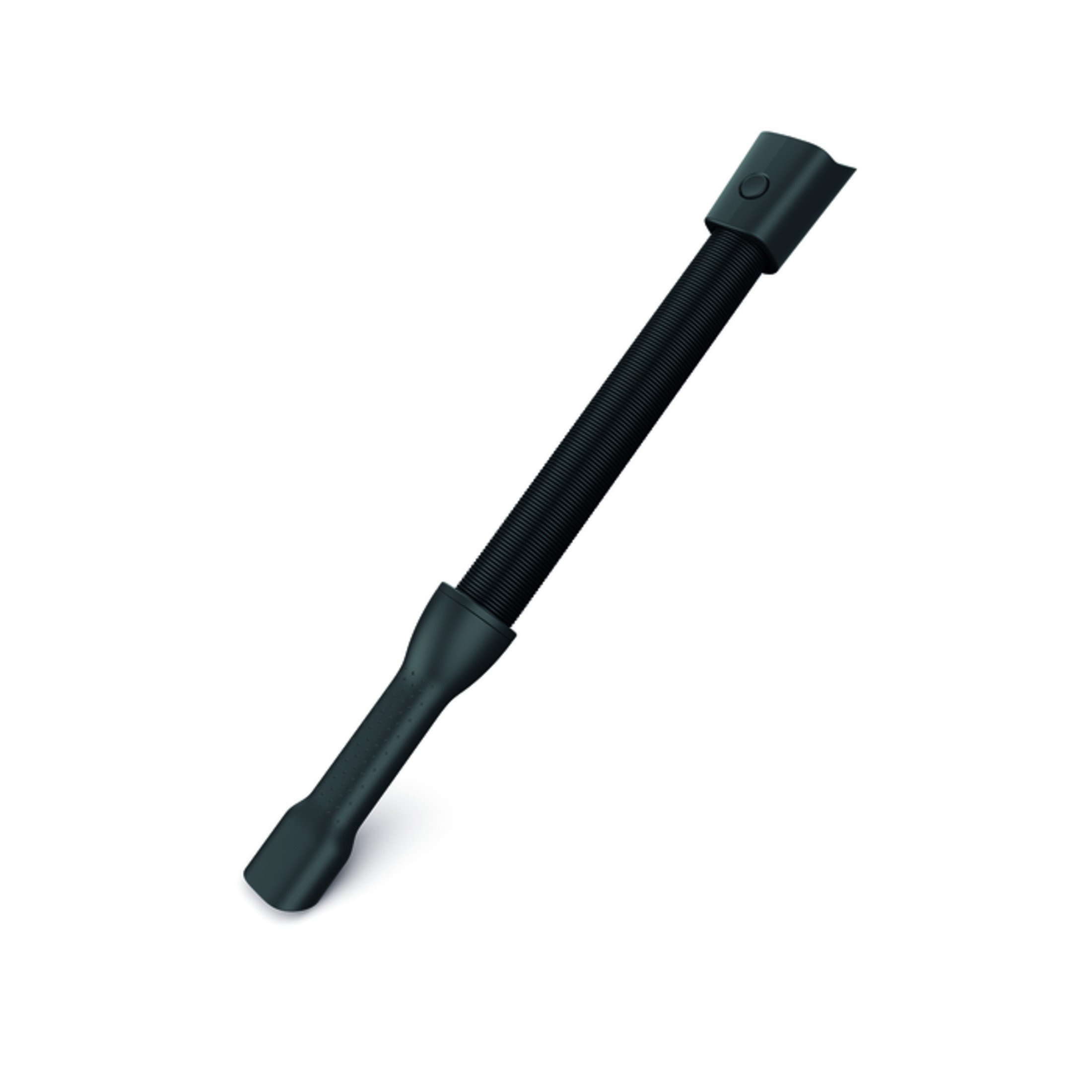Un accesorio de aspiradora negro con una manguera flexible y acanalada.