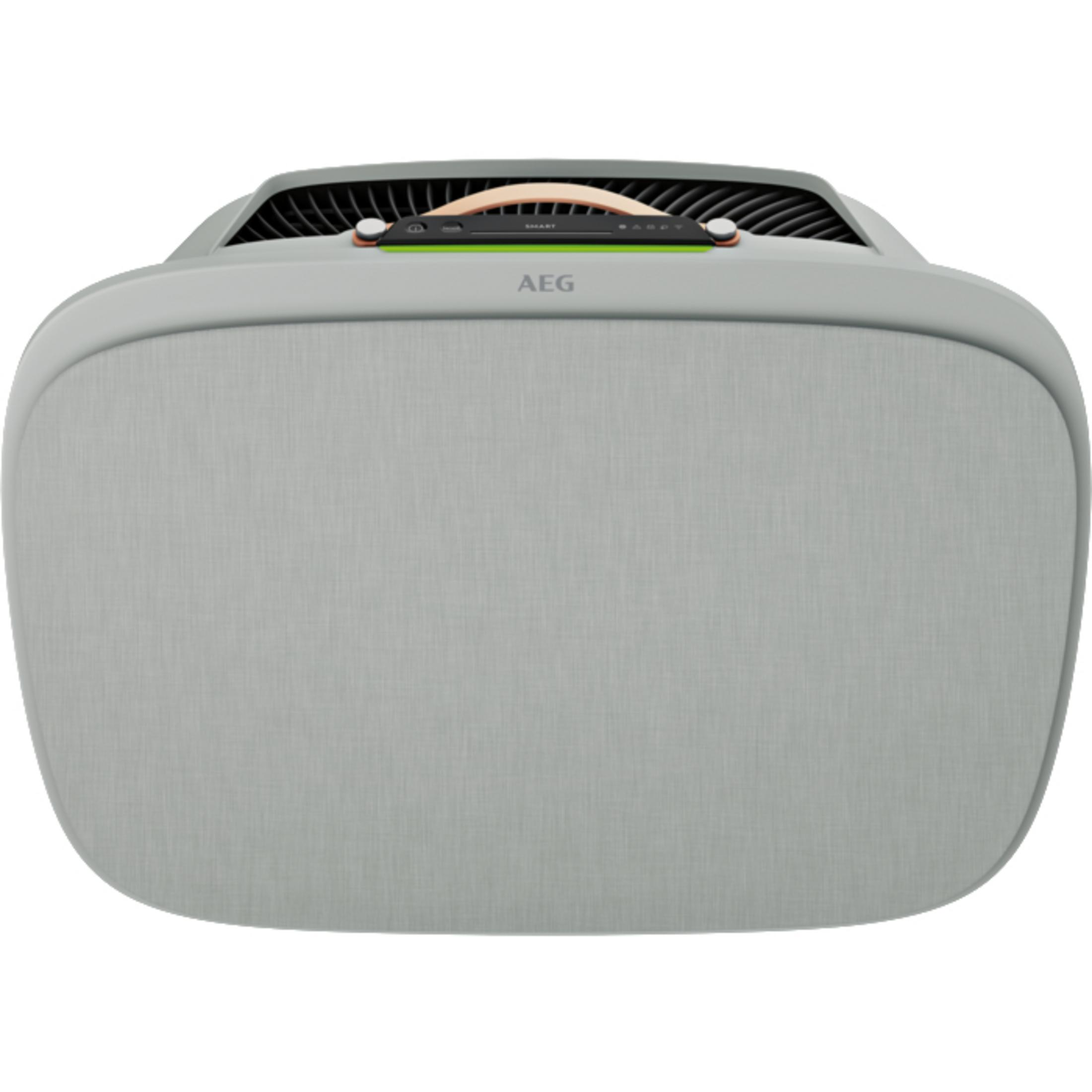 Purificatore d'aria grigio con parte superiore nera con maniglia e pannello di controllo e lati in tessuto beige.