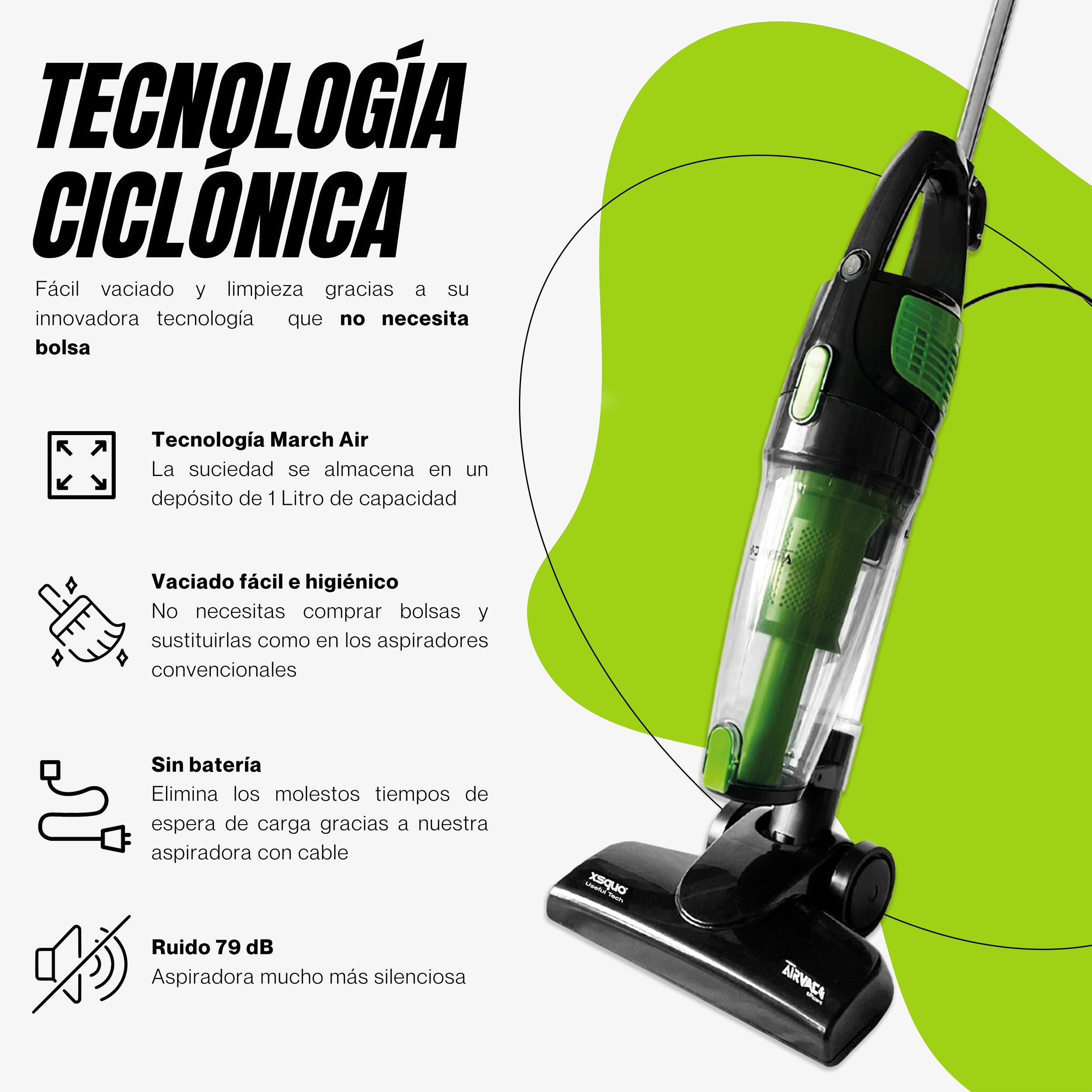 Una imagen con texto sobre una aspiradora ciclónica, con una aspiradora a la derecha.
