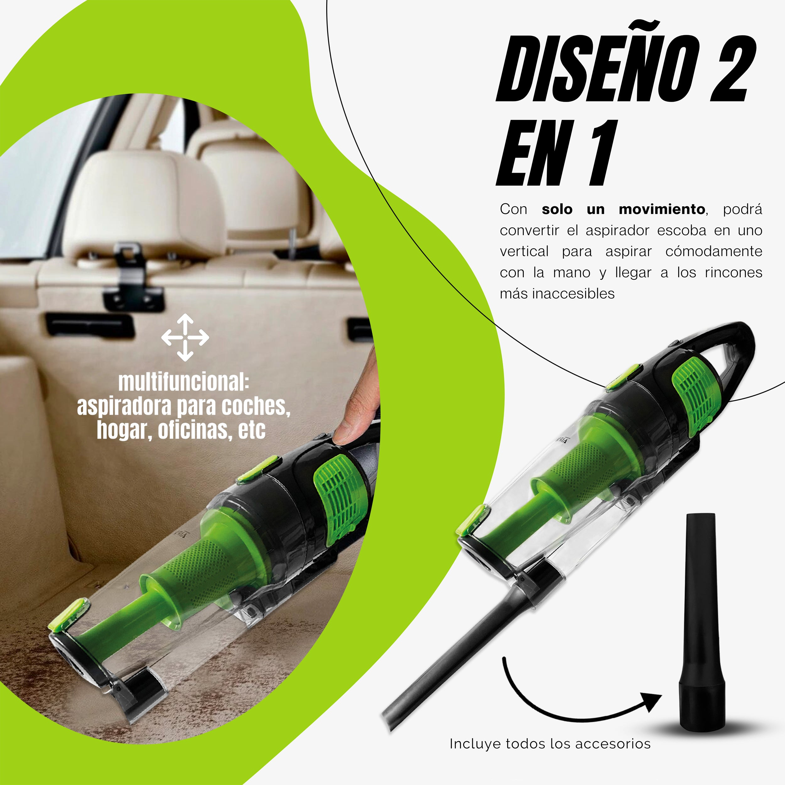 Aspiradora verde y negra con diseño de texto. Fondo verde y blanco.