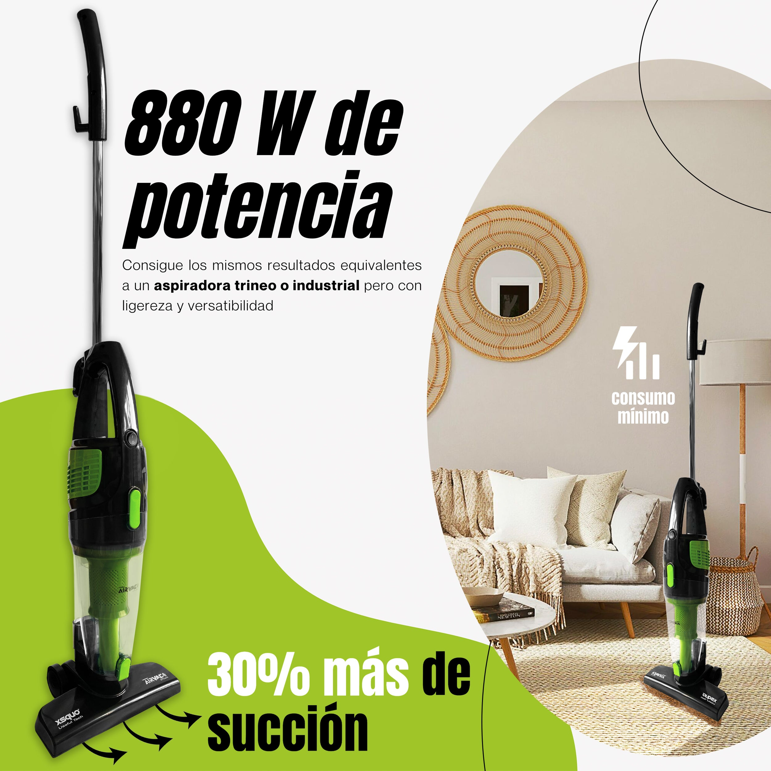 Una aspiradora de mano con texto que promociona su poder de succión. Un salón está en el fondo.