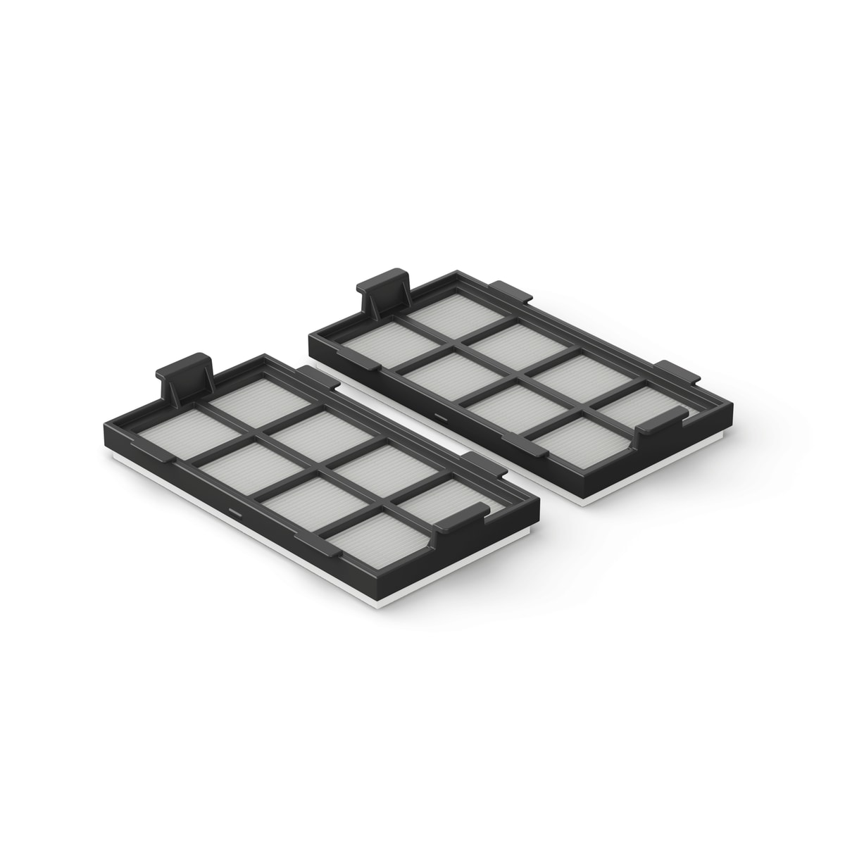 Zwei weiße und schwarze Luftfilter. Sie sind rechteckig mit einem Gitter aus kleinen Quadraten.