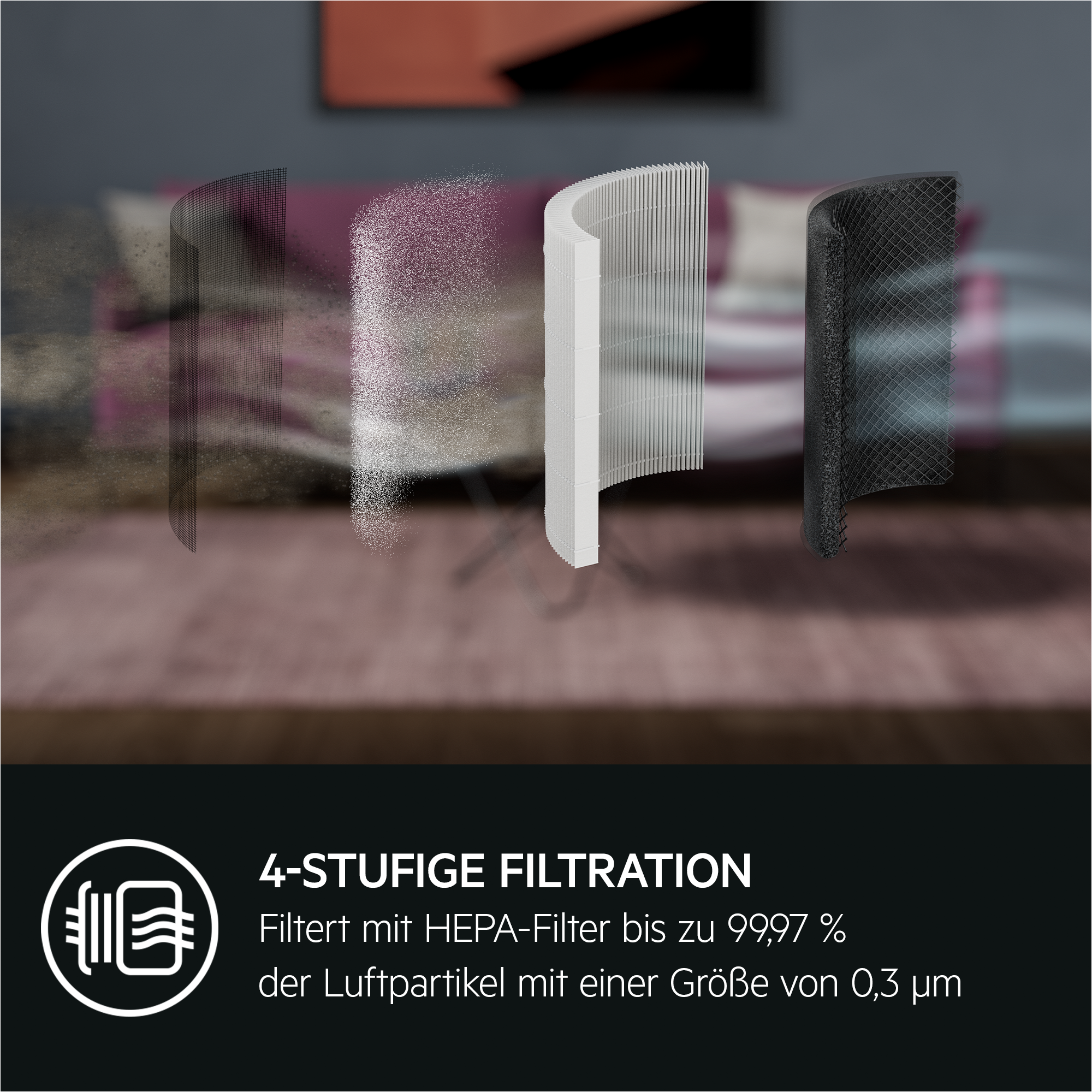 Cuatro etapas de filtro de aire. El texto describe el filtro HEPA que elimina el 99,97% de las partículas.