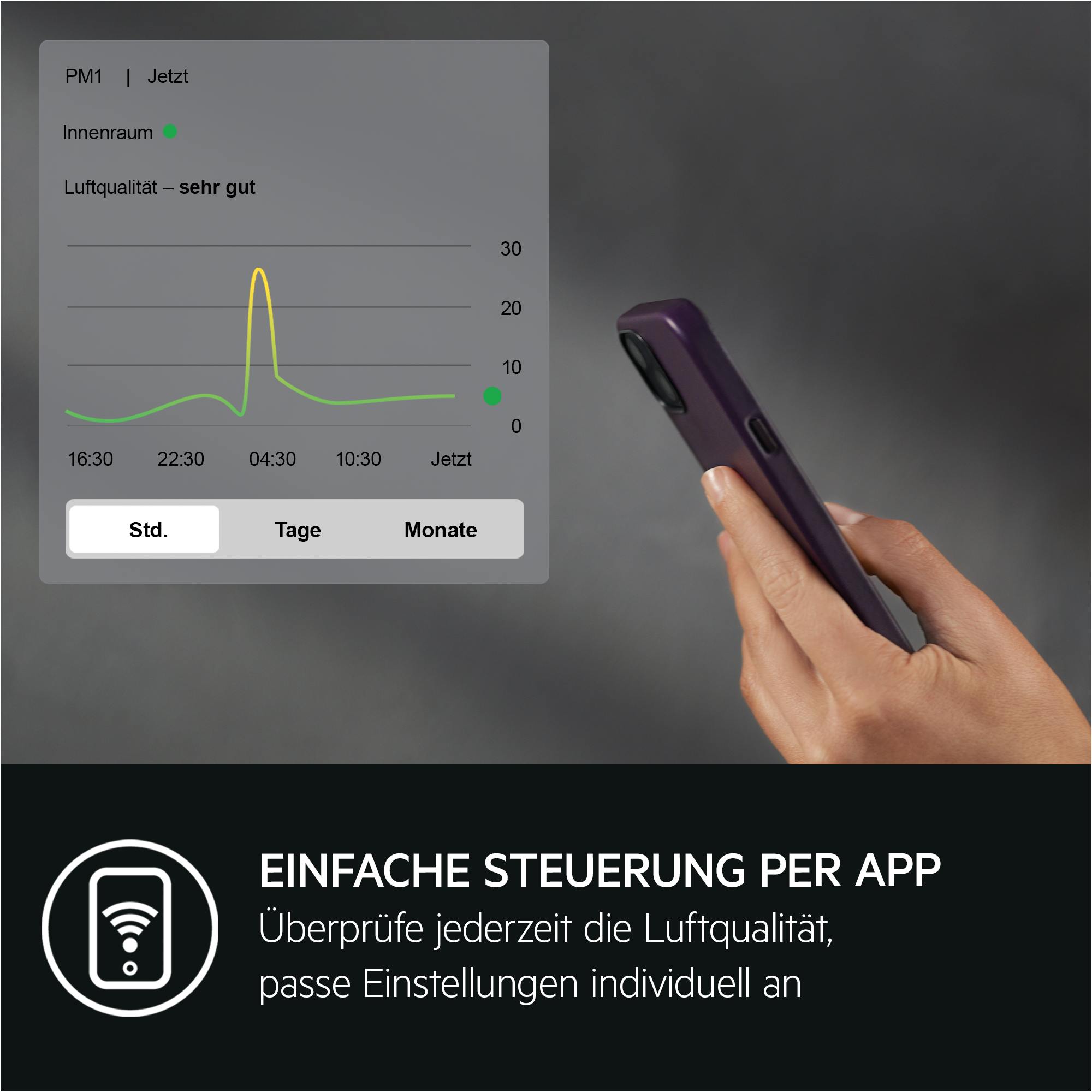 Mano sosteniendo teléfono con gráfico de calidad del aire. La app muestra datos.
