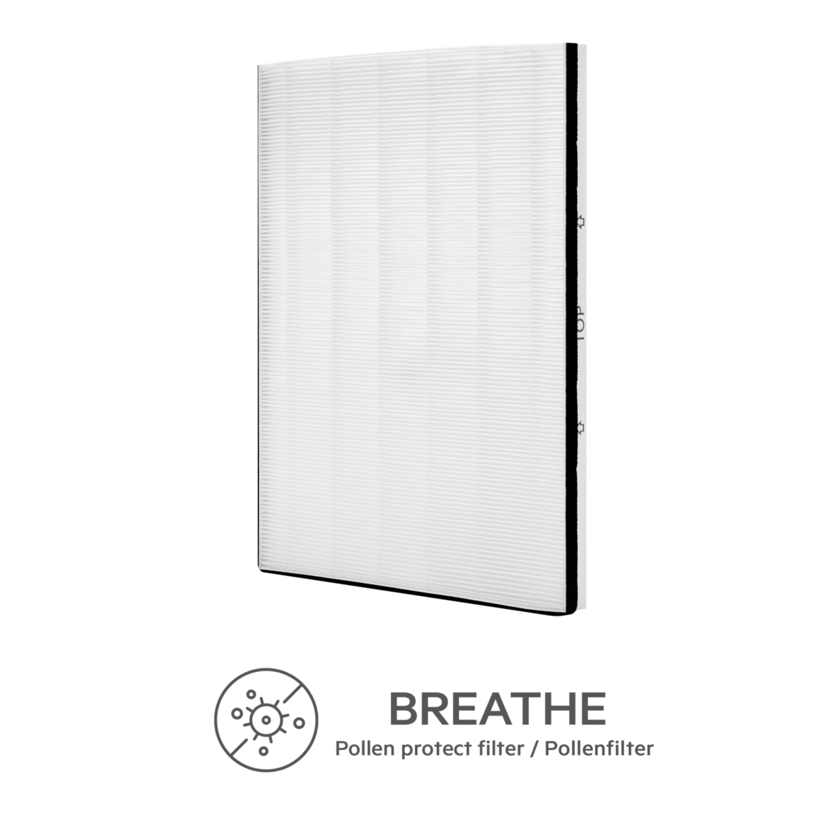 Un filtro de aire blanco con bordes negros, con una etiqueta de filtro de protección contra el polen. Muestra una vista lateral del filtro.