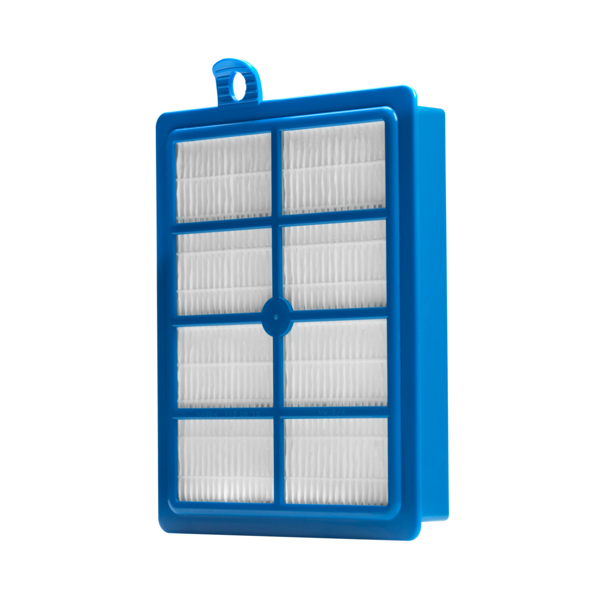 Niebieski filtr powietrza z białymi plisowanymi elementami filtrującymi, prostokątny kształt.