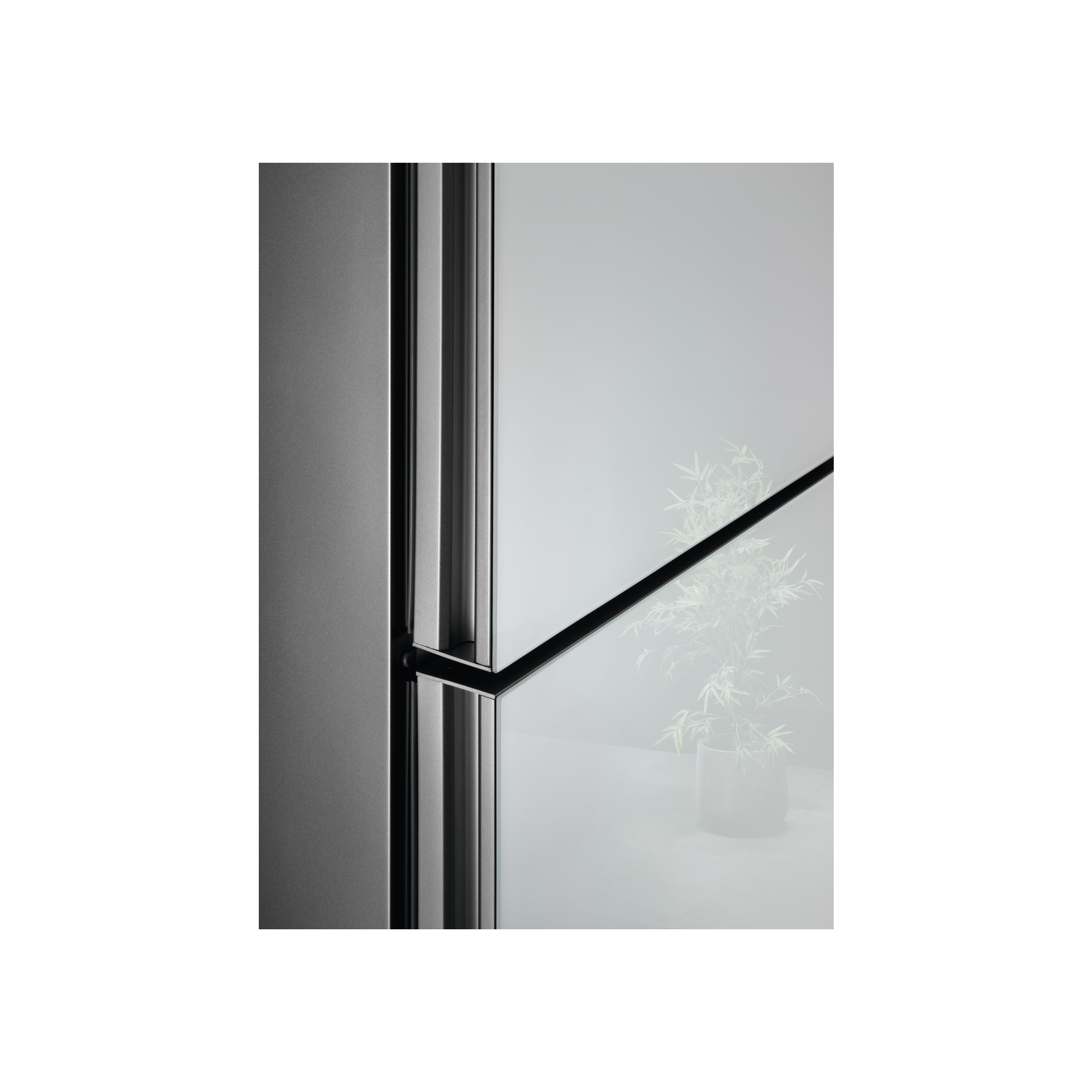 Primer plano de una puerta de refrigerador. Una planta es visible a través del cristal.
