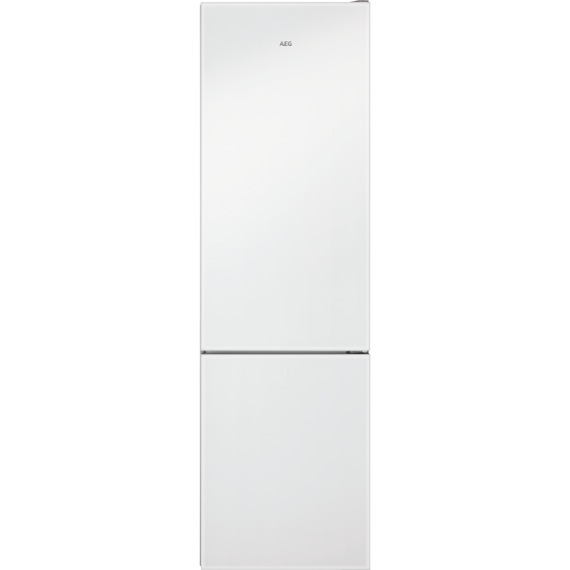 Un refrigerador AEG blanco con dos puertas. Fondo negro.