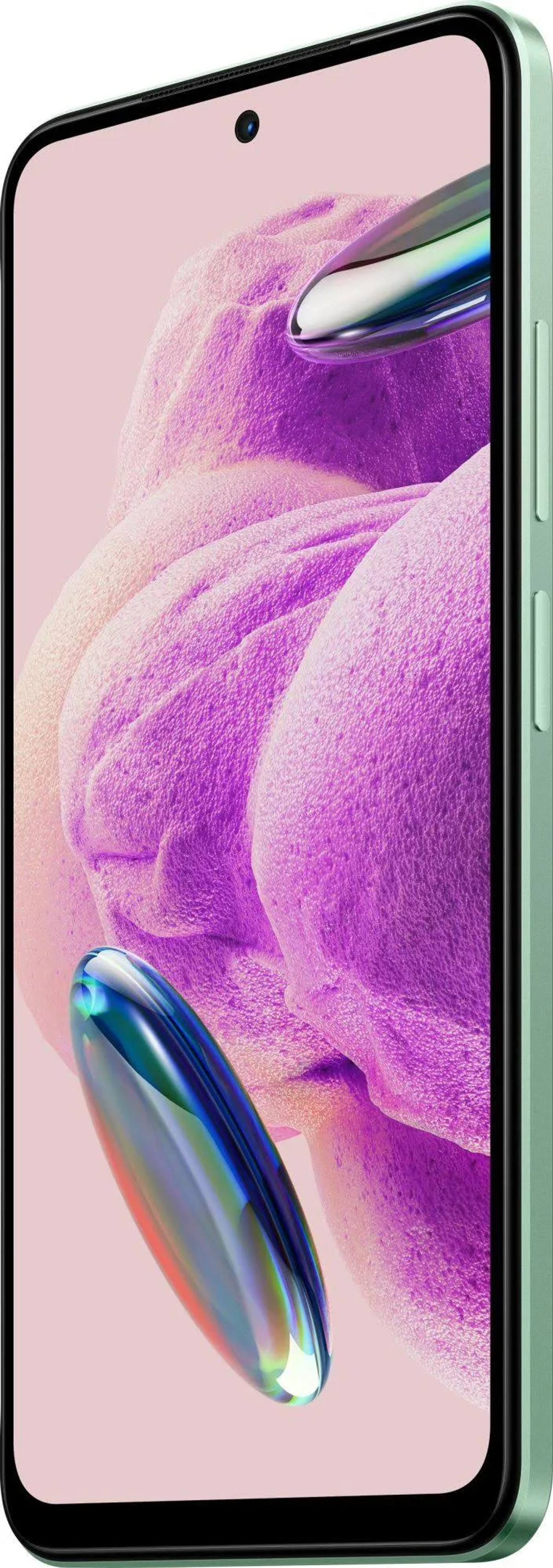Smartphone vert en vue en angle. Affiche des formes abstraites roses et violettes. Caméra avant visible.