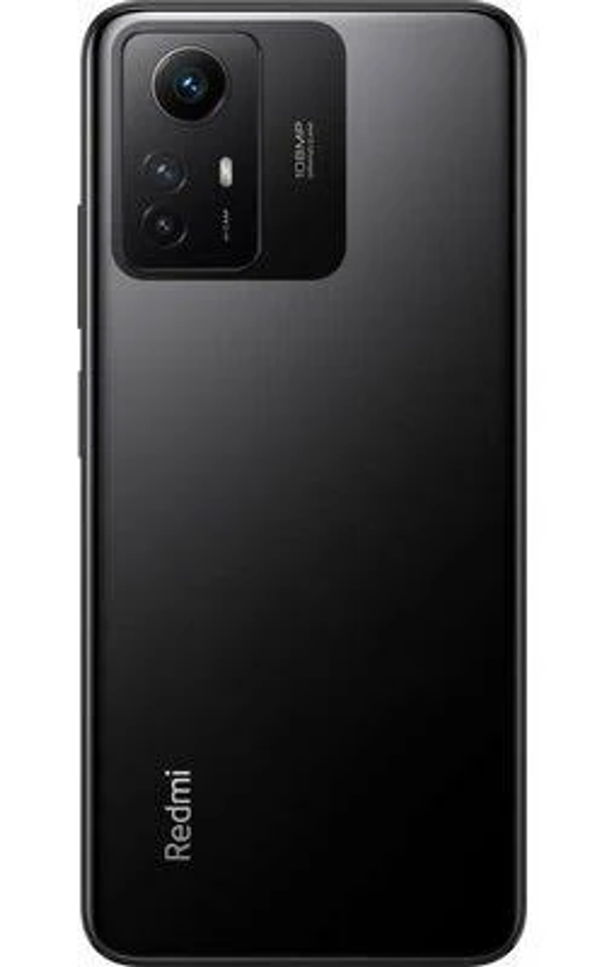 Téléphone Redmi noir. Vue arrière. Module caméra avec plusieurs lentilles et logo Redmi.