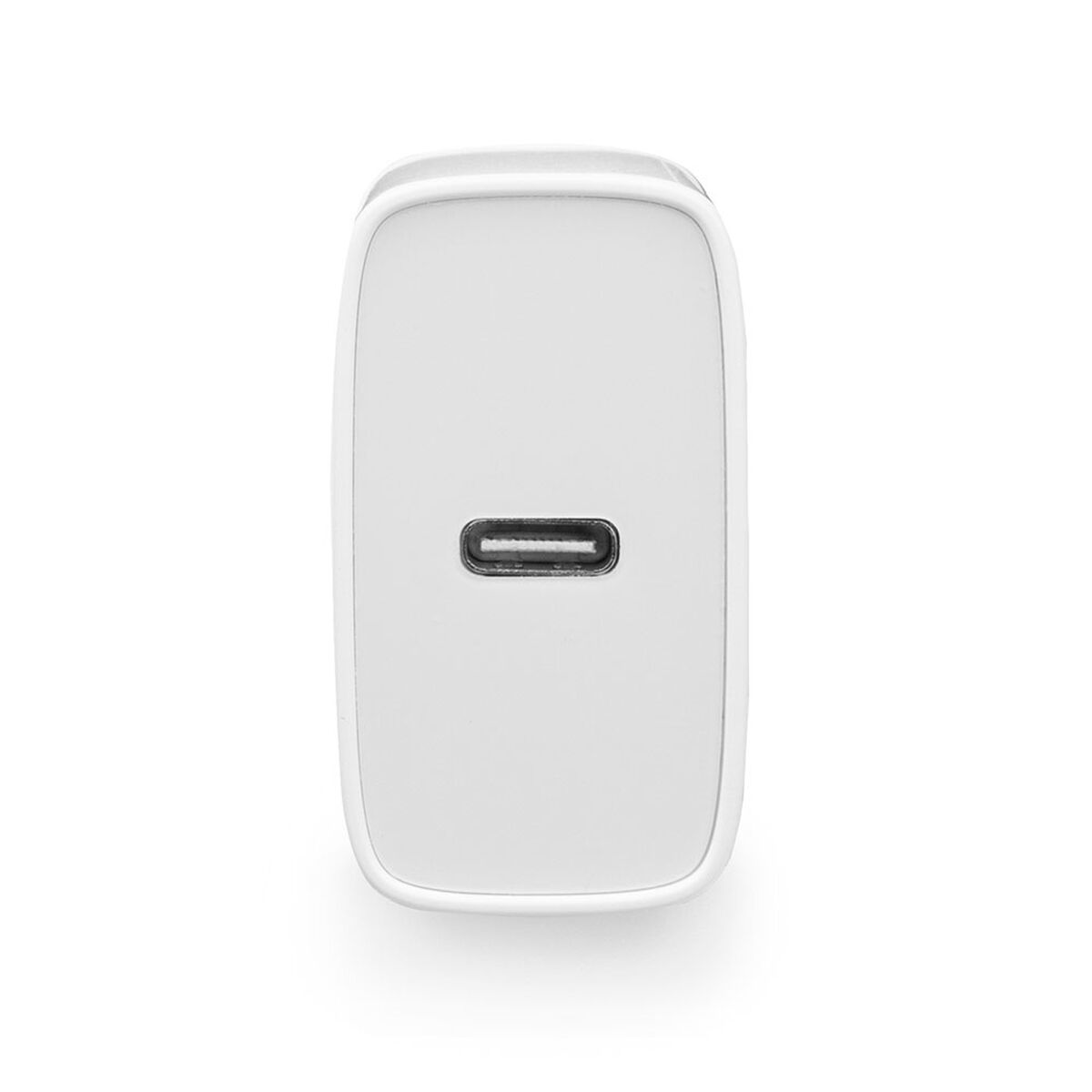Caricatore USB-C bianco con una singola porta. Ha una forma rettangolare semplice con bordi arrotondati.