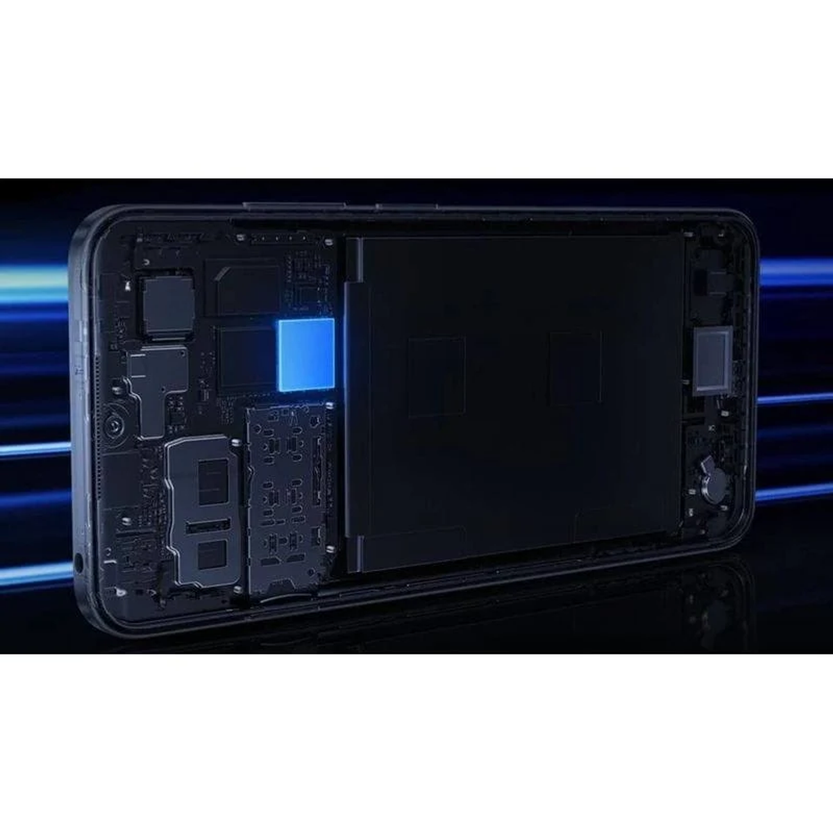 Wnętrze telefonu z niebieskim kwadratem na czarnym tle.