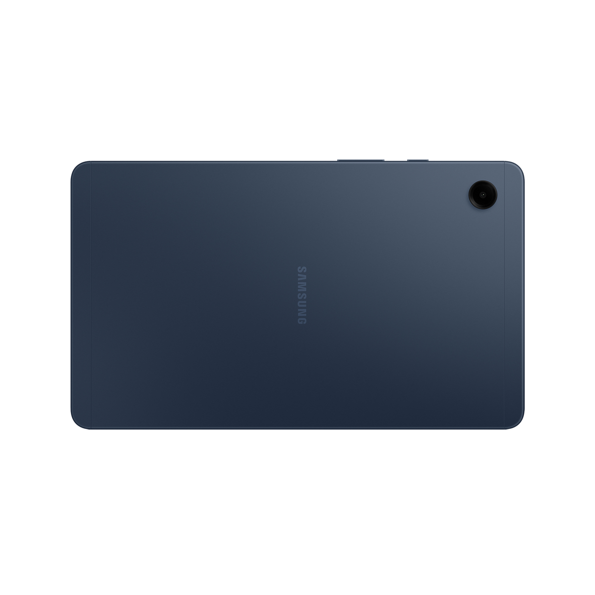 Ciemnoniebieski tablet z aparatem z tyłu. Widoczne logo Samsung.