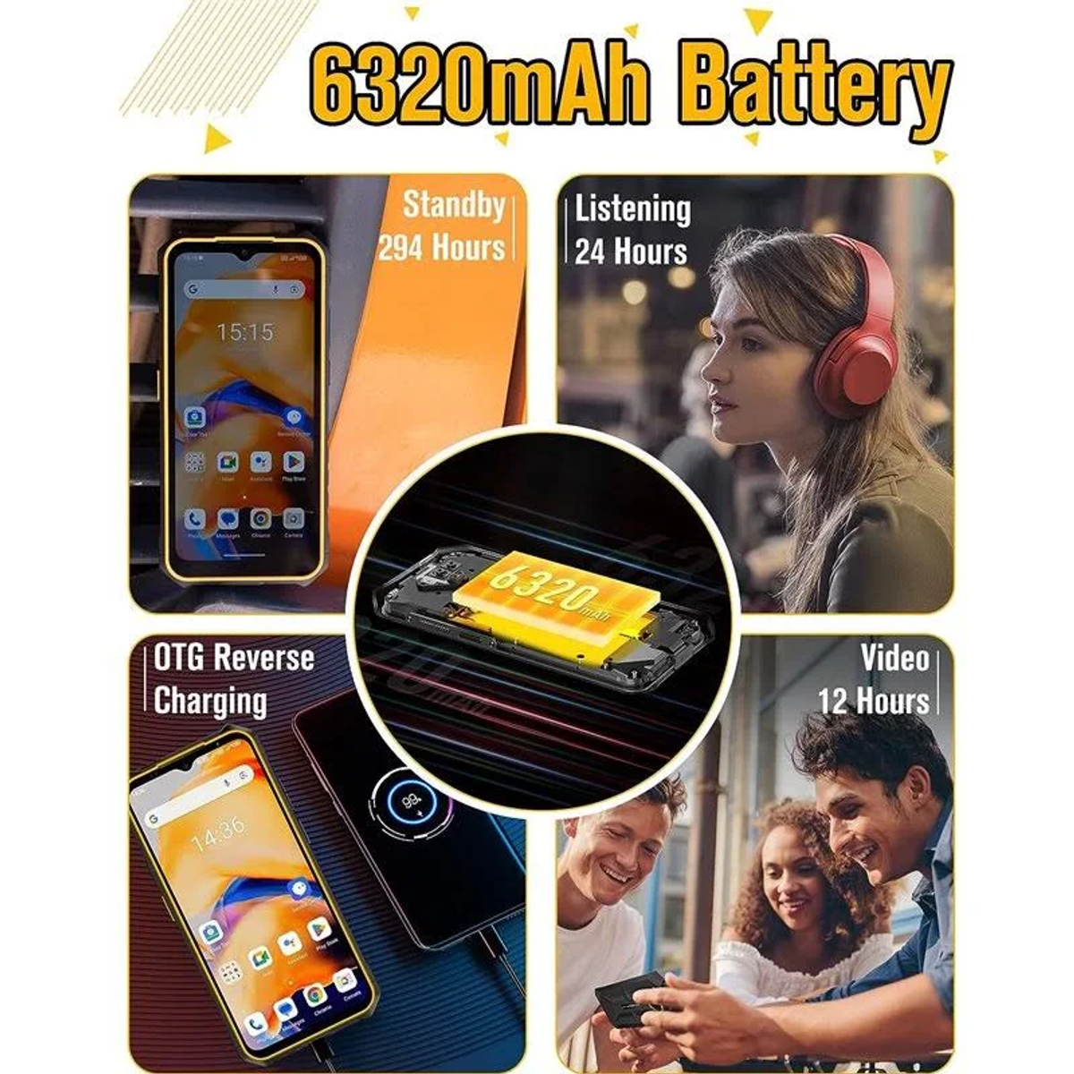 Obrazy przedstawiające funkcje telefonu, żywotność baterii i osoby ze słuchawkami.