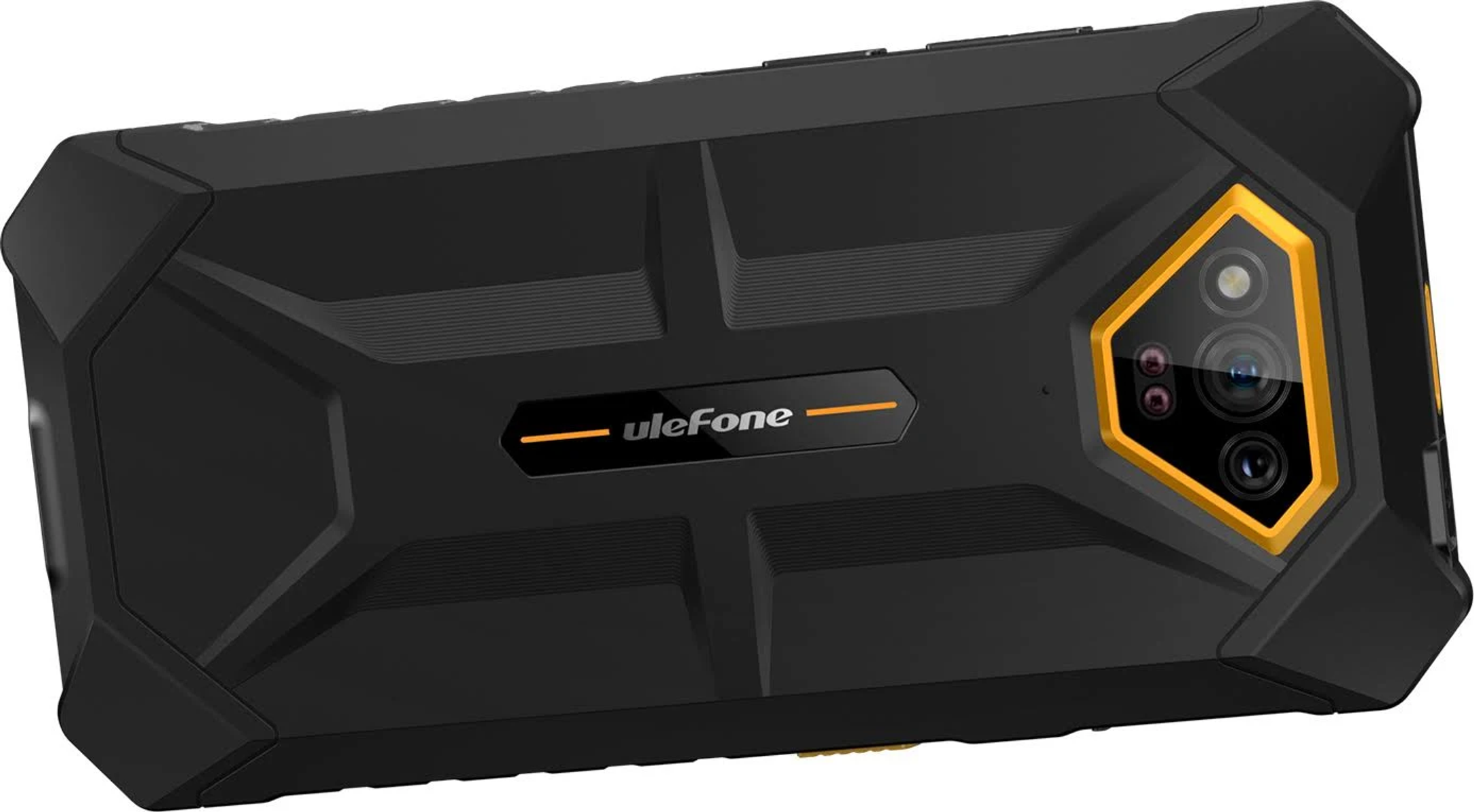 Czarny i żółty wytrzymały smartfon. Tył ma aparaty i logo Ulefone.