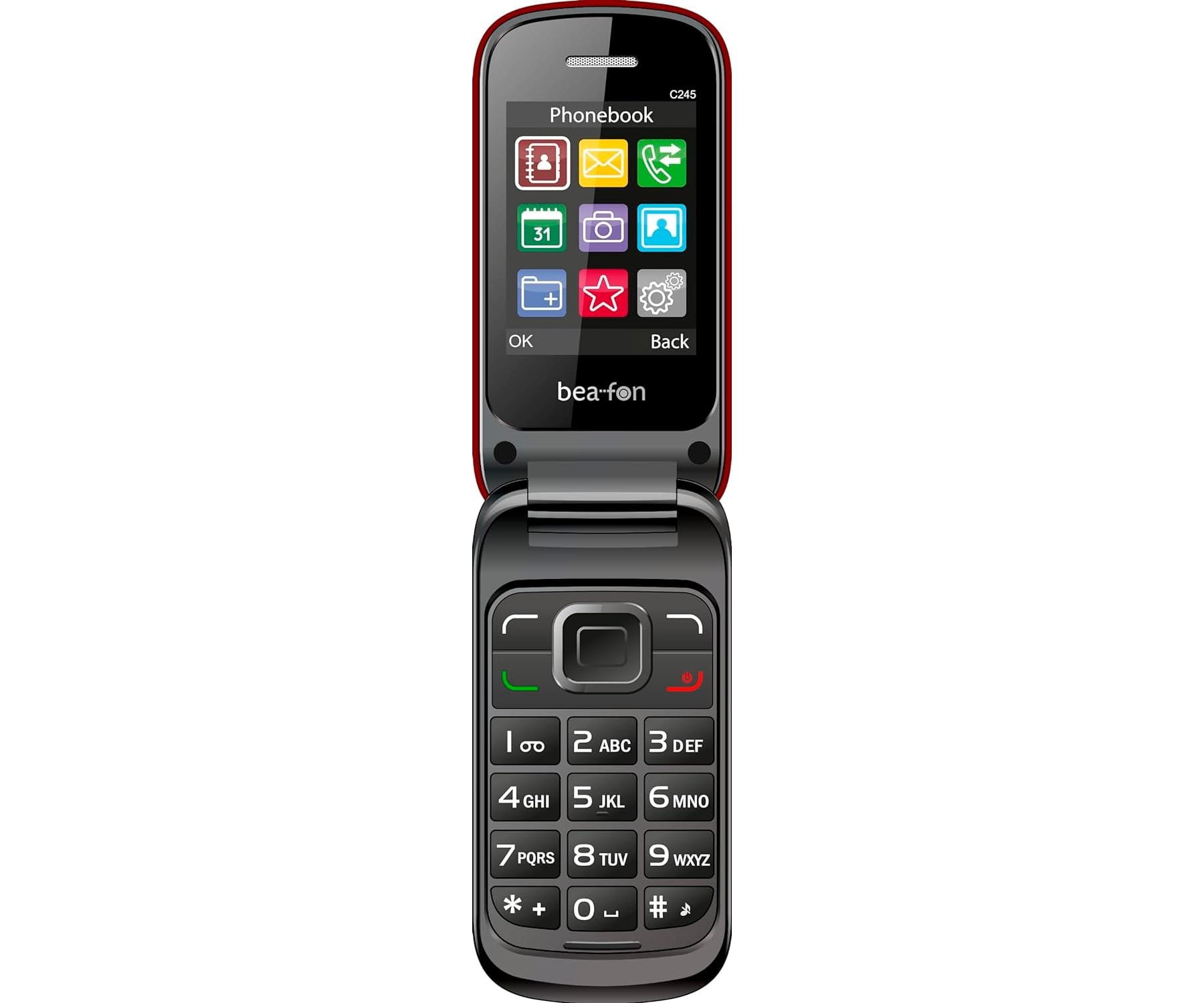 Teléfono rojo de concha, teclado negro. La pantalla muestra iconos. El teléfono está abierto.