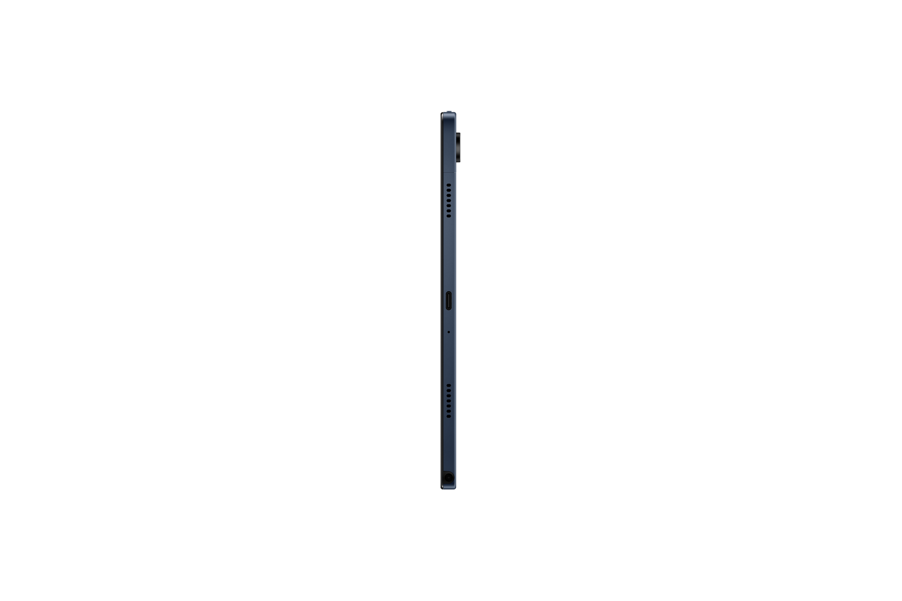 Un tablet in vista di profilo, colore blu scuro. I bordi hanno dei pulsanti.