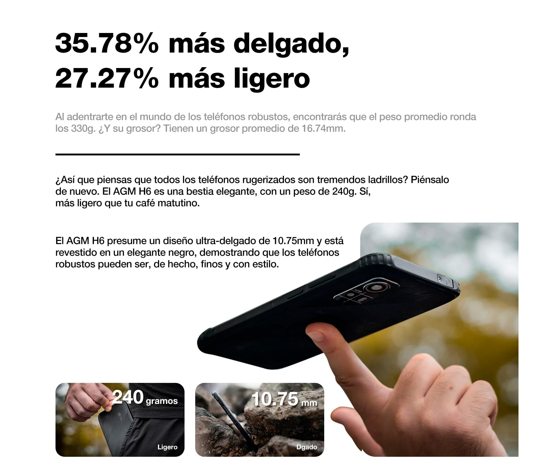 Czarny smartfon w dłoni z tekstami o wadze i smukłości.