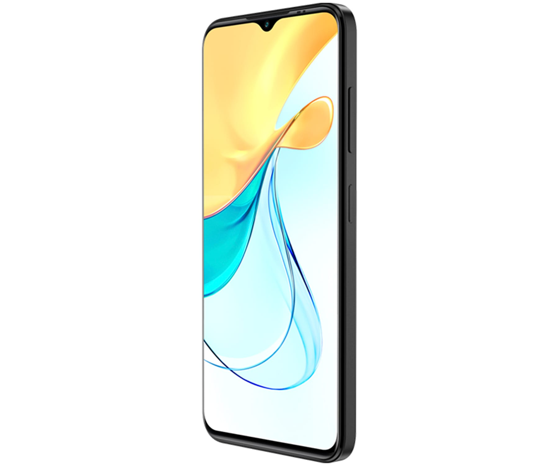 Uno smartphone moderno con schermo curvo, in nero, vista angolata, sfondo bianco.