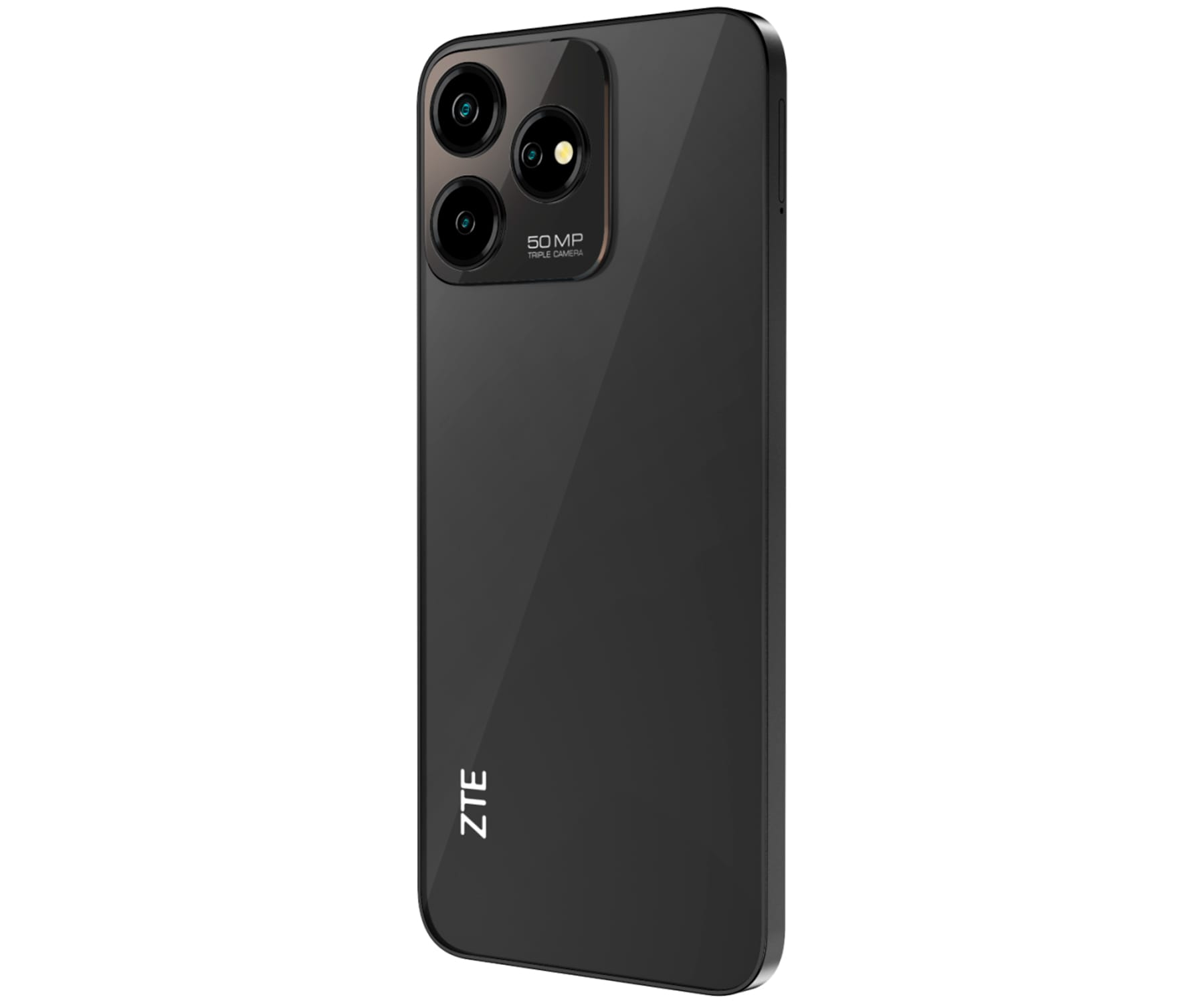 Un telefono ZTE nero con una configurazione a tripla fotocamera, visto da dietro in diagonale.